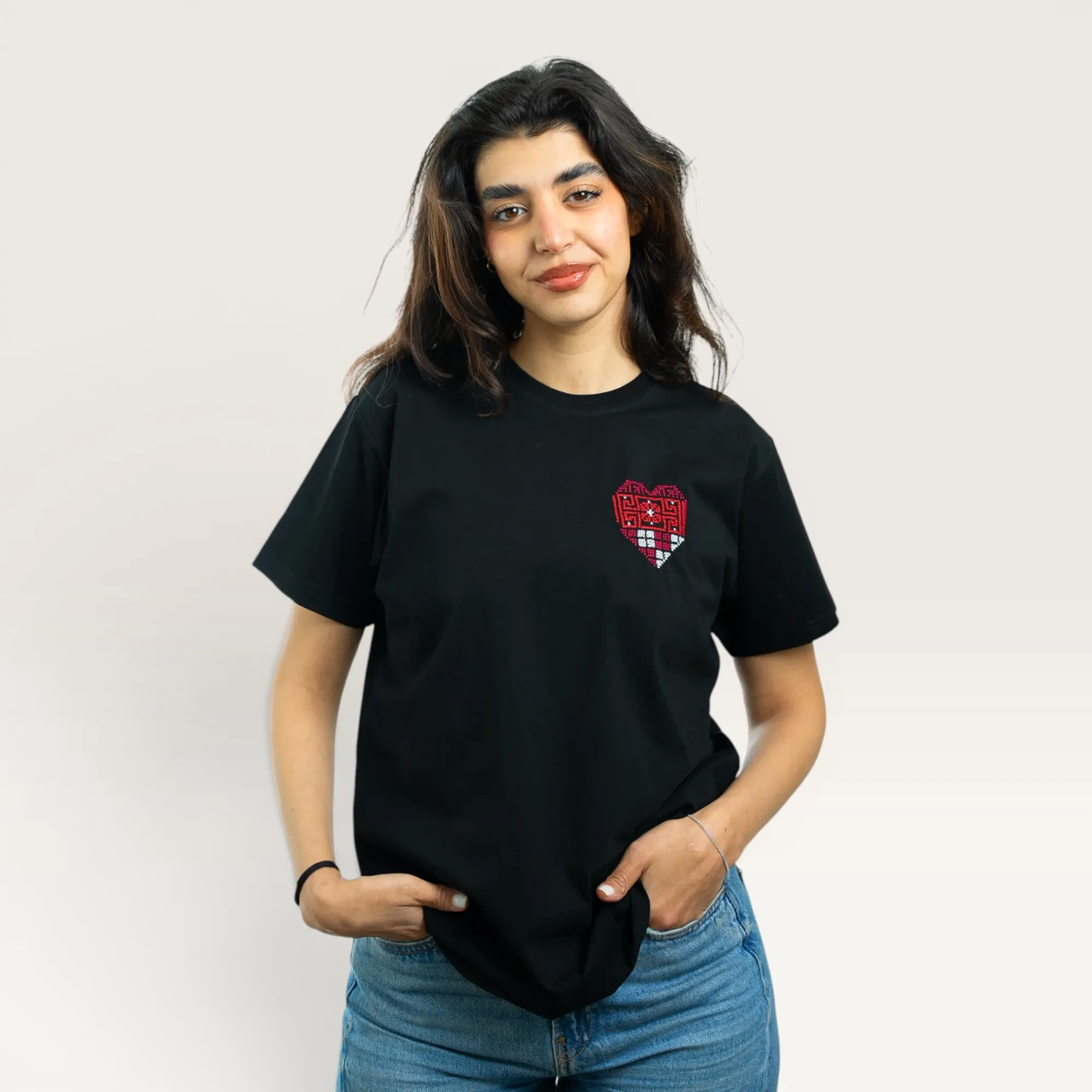 Qalb Heart Hand-Embroidered T-Shirt with Size Options Heritage Design