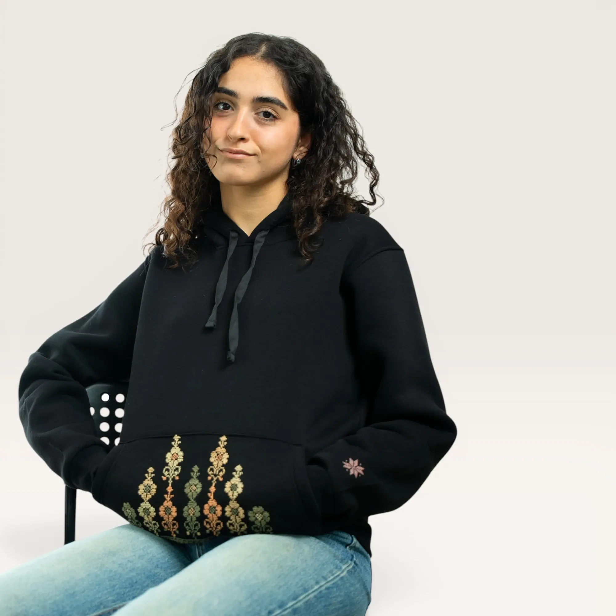 Rumi Rumi Flower Hand-Embroidered Hoodie with Size Options