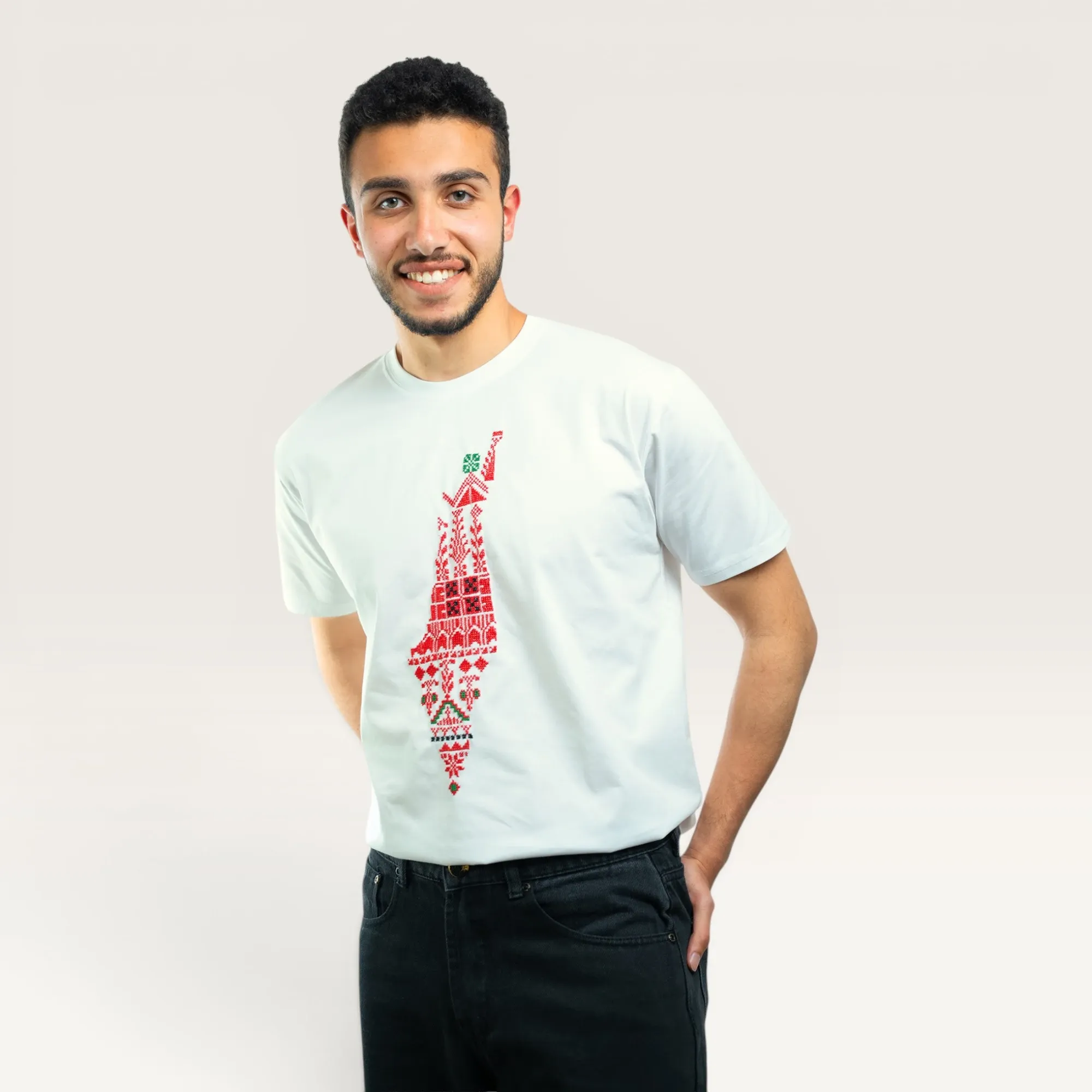 Falastin White Hand-Embroidered T-Shirt with Size Options