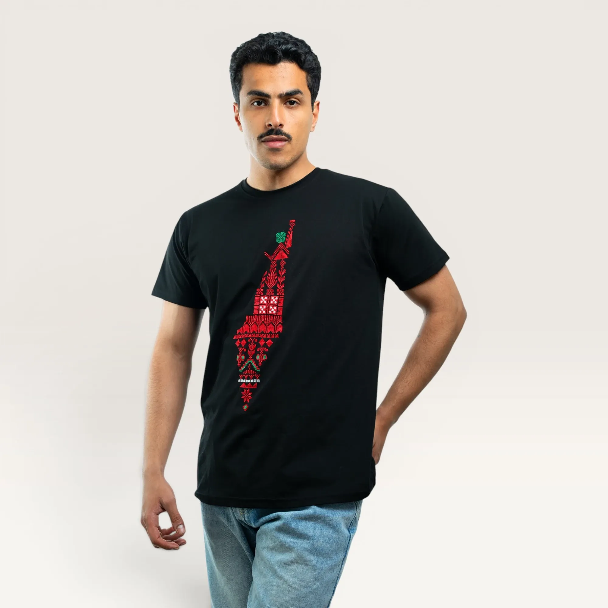 Falastin Black Hand-Embroidered T-Shirt with Size Options