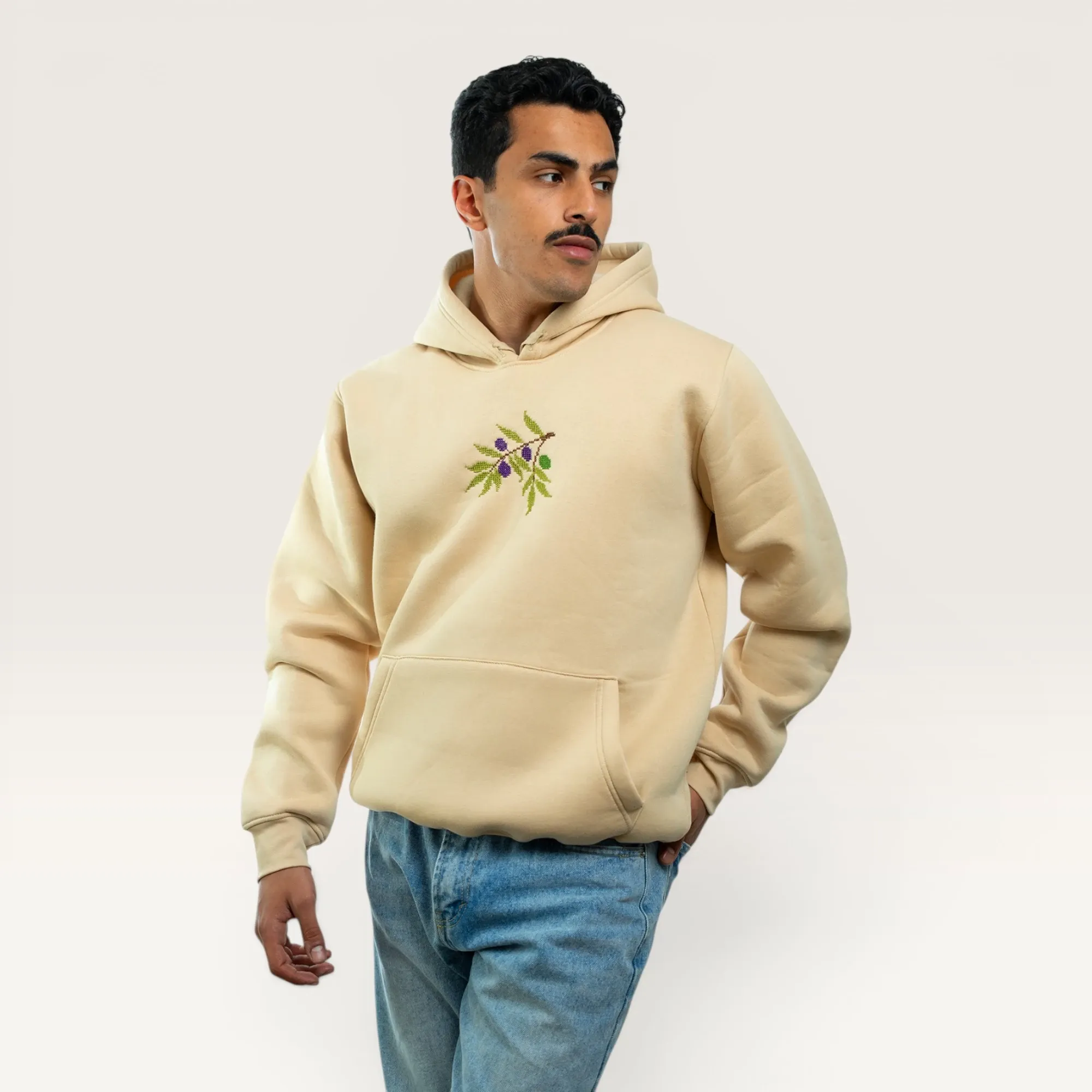 Nabali Olive Hand-Embroidered Hoodie with Size Options Heritage Design