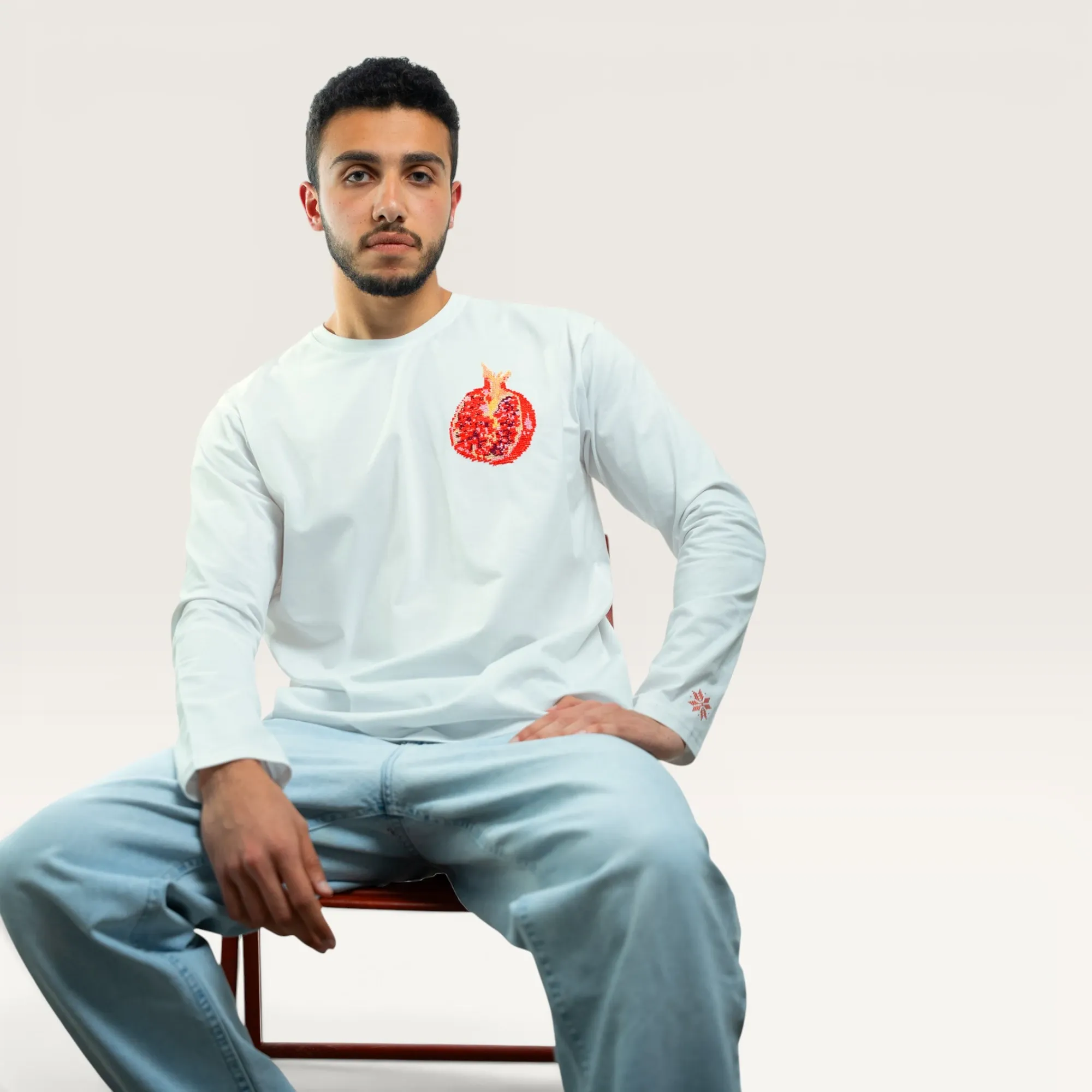 Rumman Hand-Embroidered Long Sleeve T-Shirt with Size Options