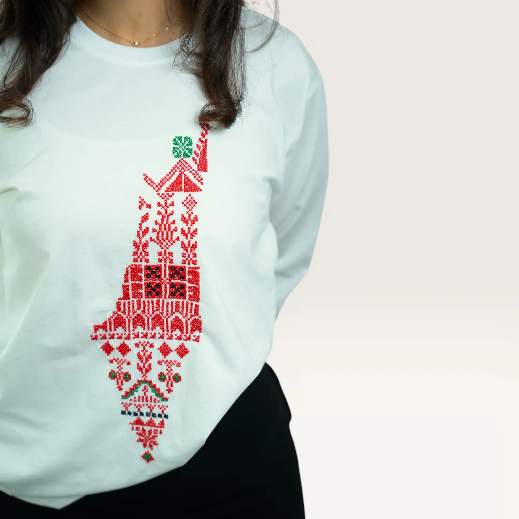 Falastin White Hand-Embroidered Long Sleeve T-Shirt with Size Options