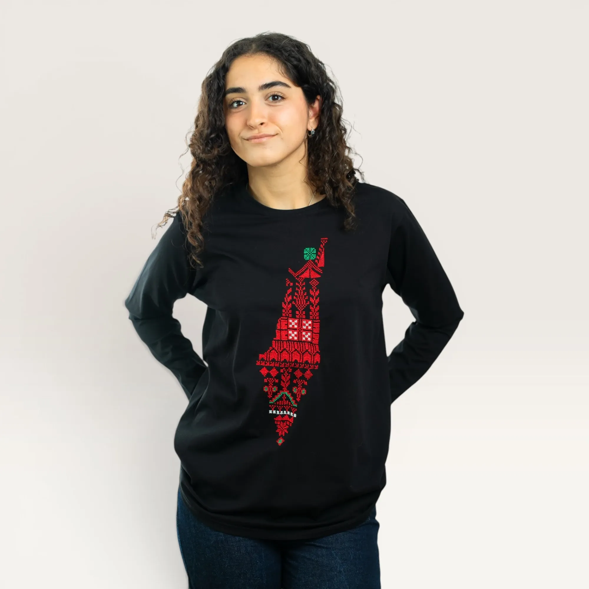 Falastin Black Hand-Embroidered Long Sleeve T-Shirt with Size Options