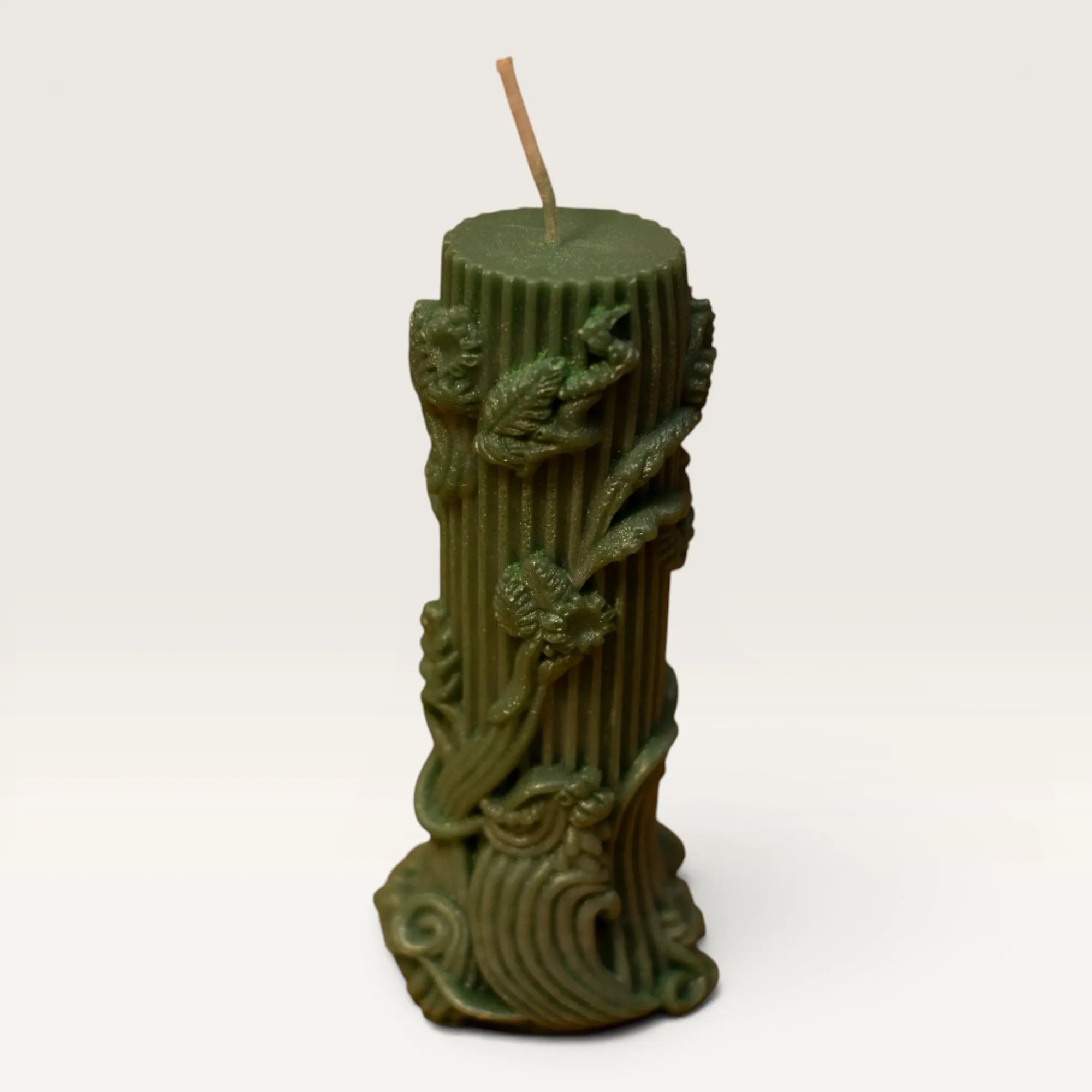 Handmade Floral Carved Column Candle in Green – 100 g