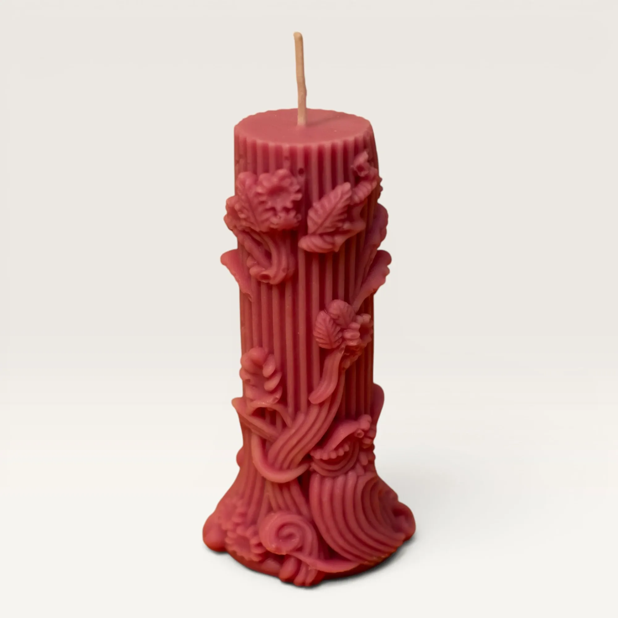 Handmade Floral Carved Column Candle in Pink – 100 g