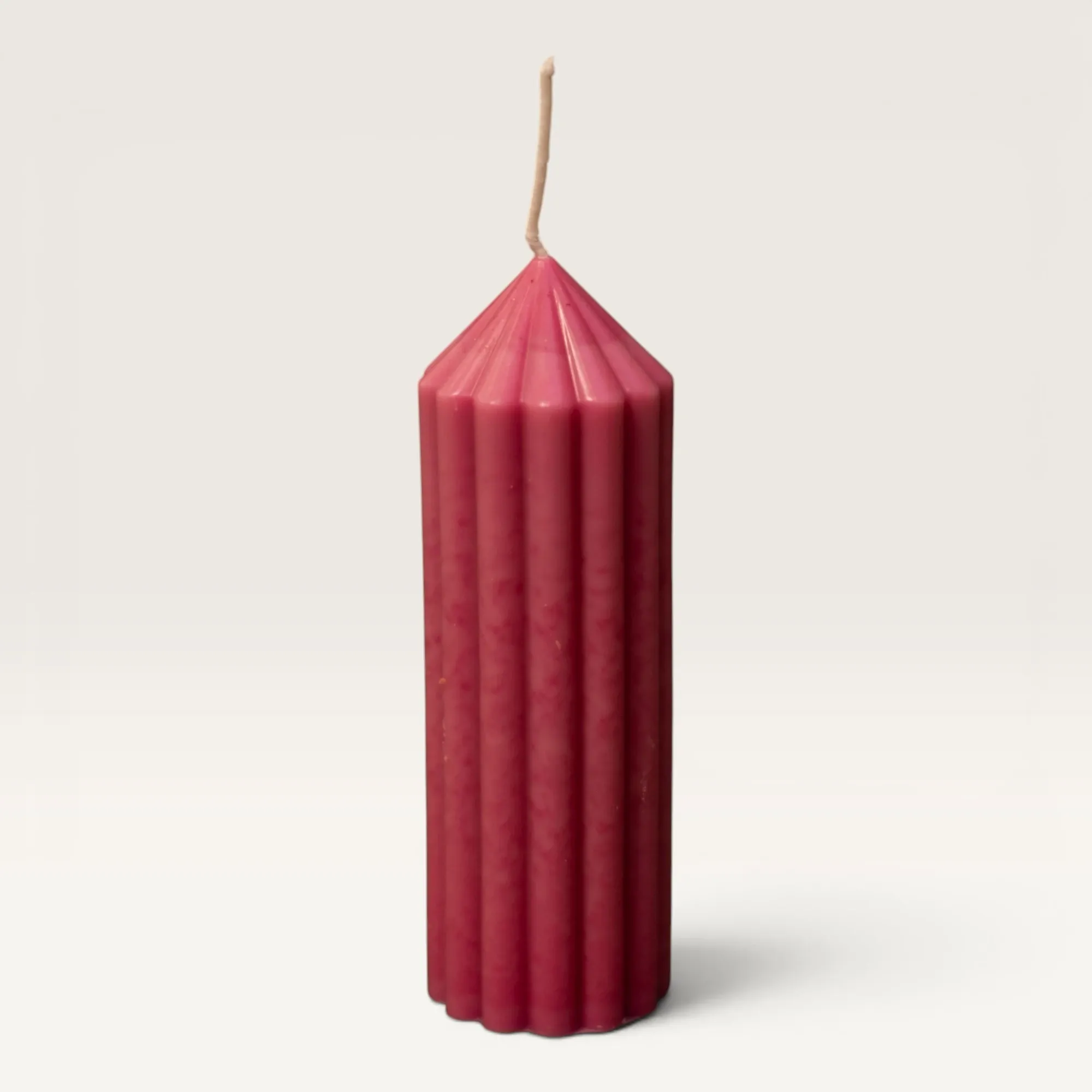 Handmade Tapered Ribbed Pillar Candle in Pink – 110 g