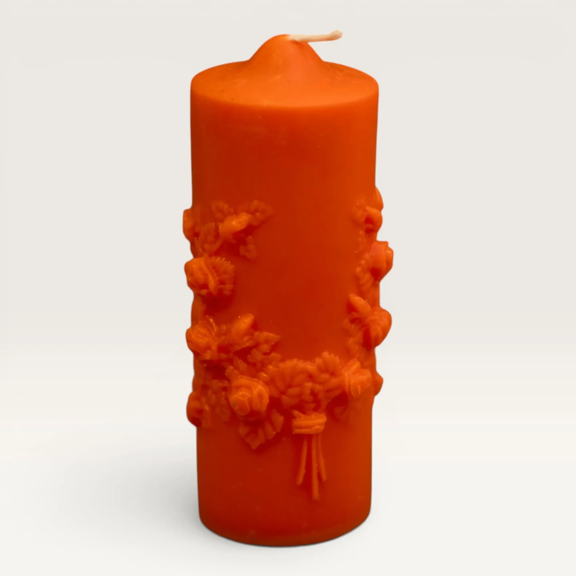 Handmade Floral Accent Column Candle in Orange – 145 g