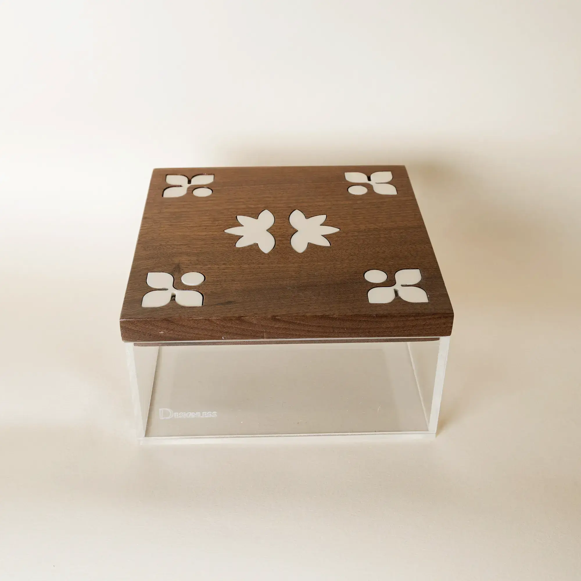 Urouq Floral Inlay Large Acrylic Box with Walnut Lid – 17 x 17 x 8 cm