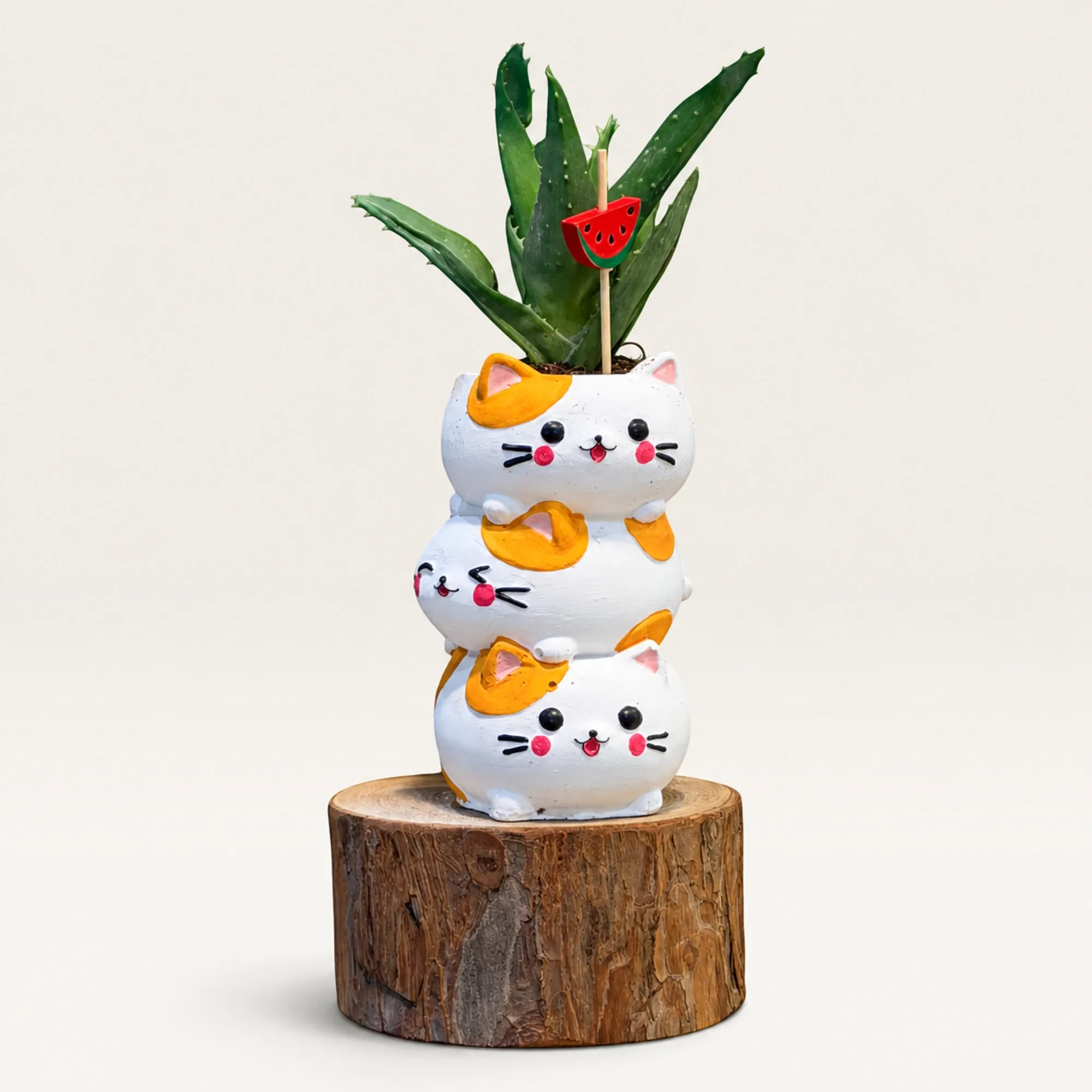 Handmade Stacked Cats with Orange Accents Gypsum Planter 10–15 cm