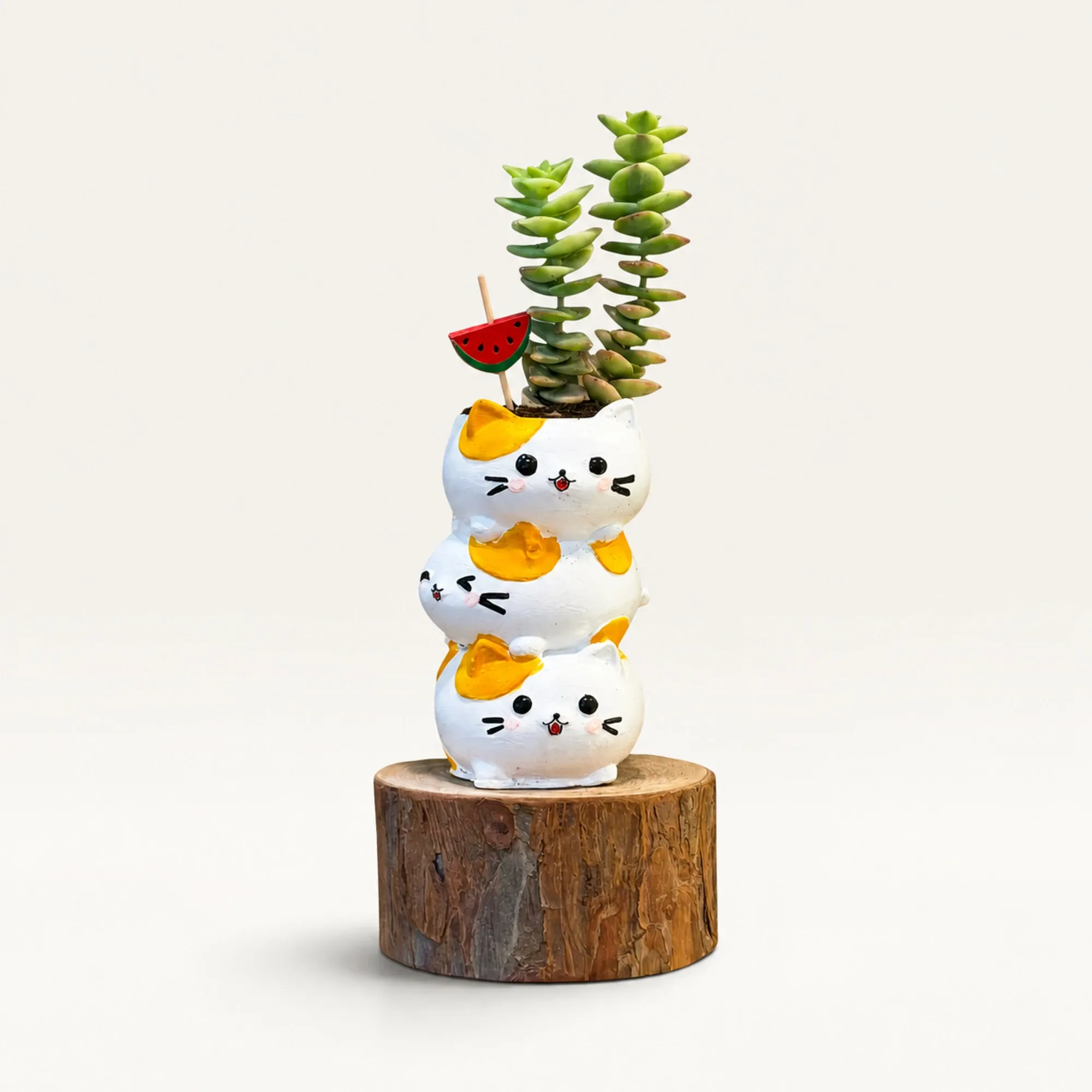 Handmade Stacked Cats with Yellow Accents Gypsum Planter 10–15 cm