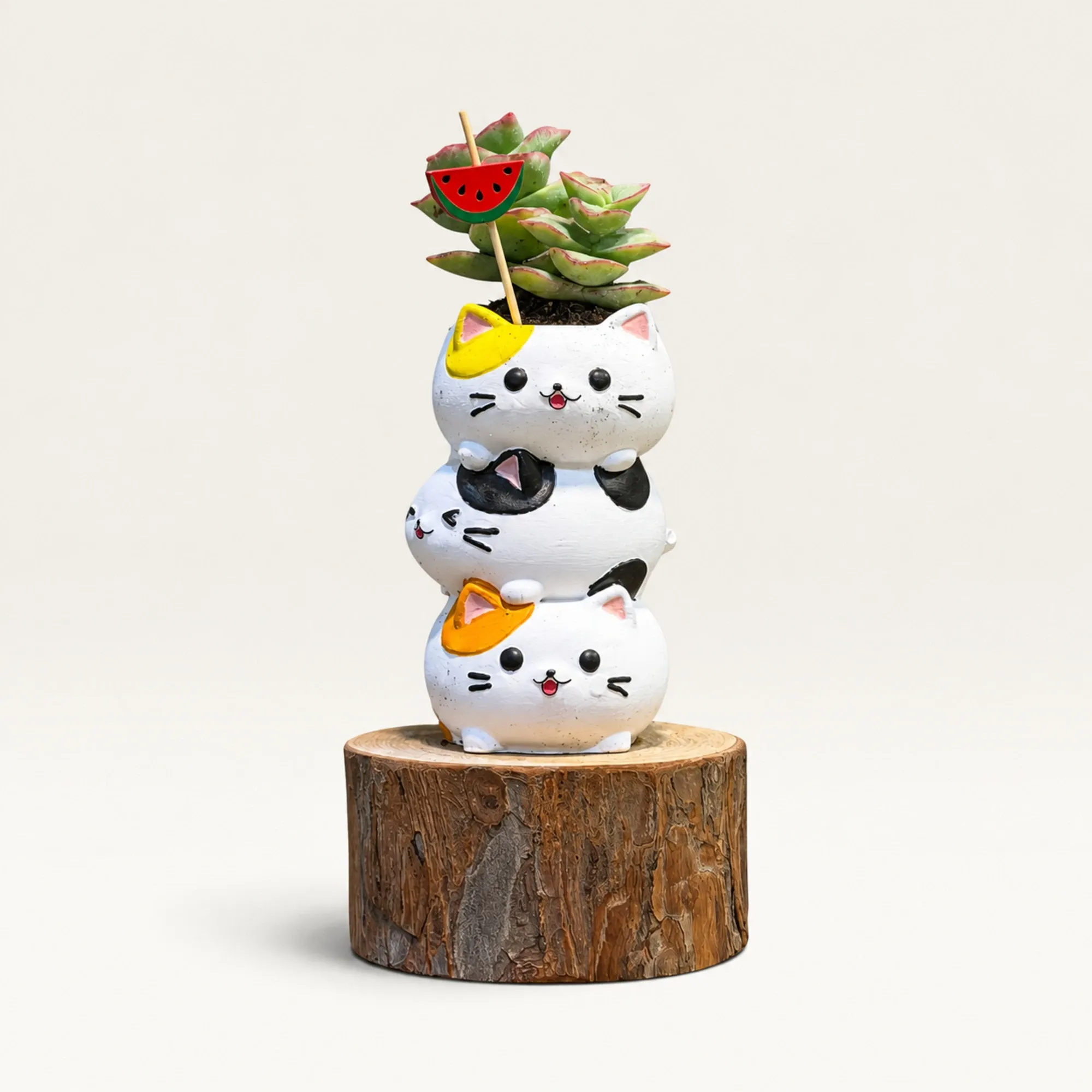 Handmade Stacked Cats with Black Accents Gypsum Planter 10–15 cm