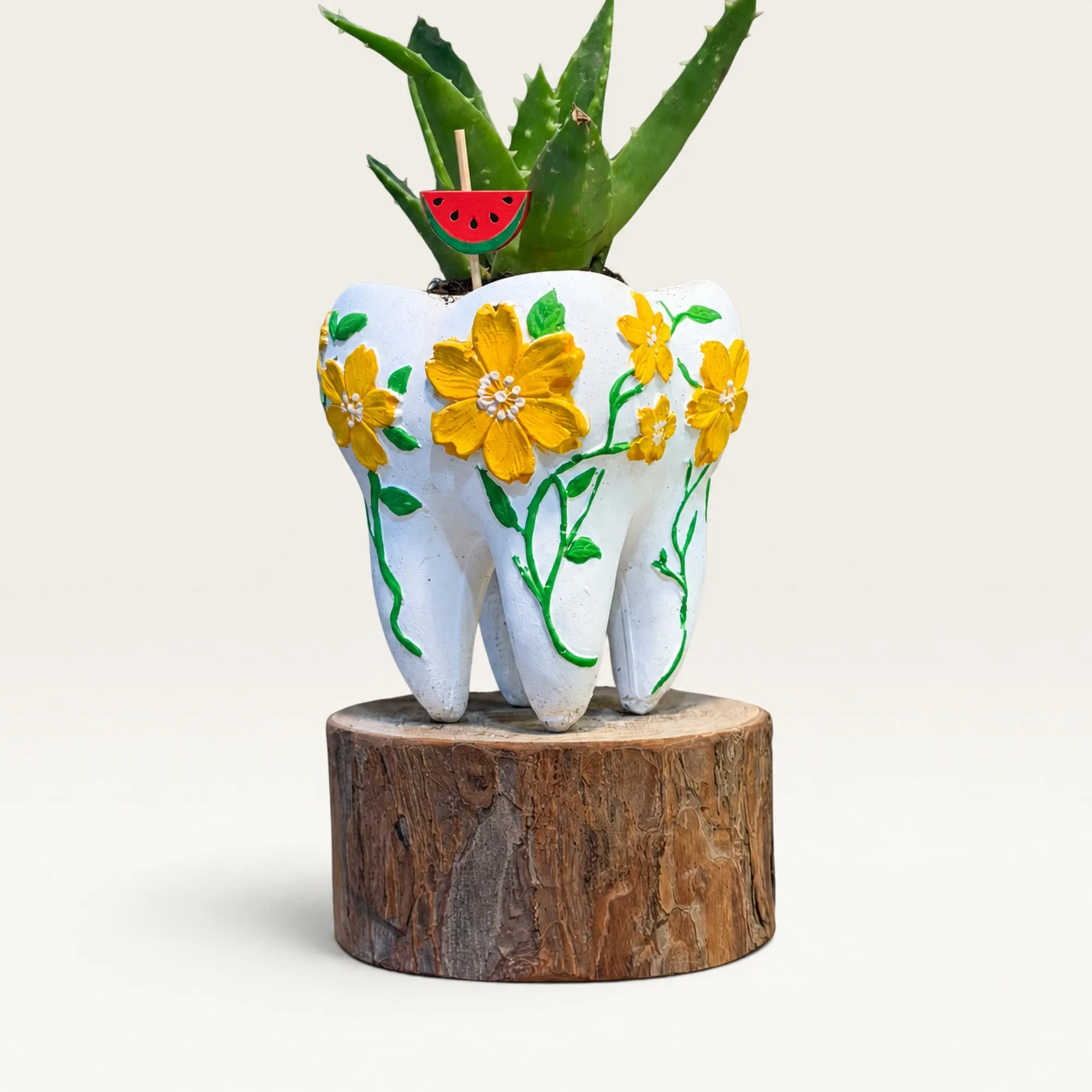Handmade White Tooth with Yellow Flowers Gypsum Planter 10–15 cm
