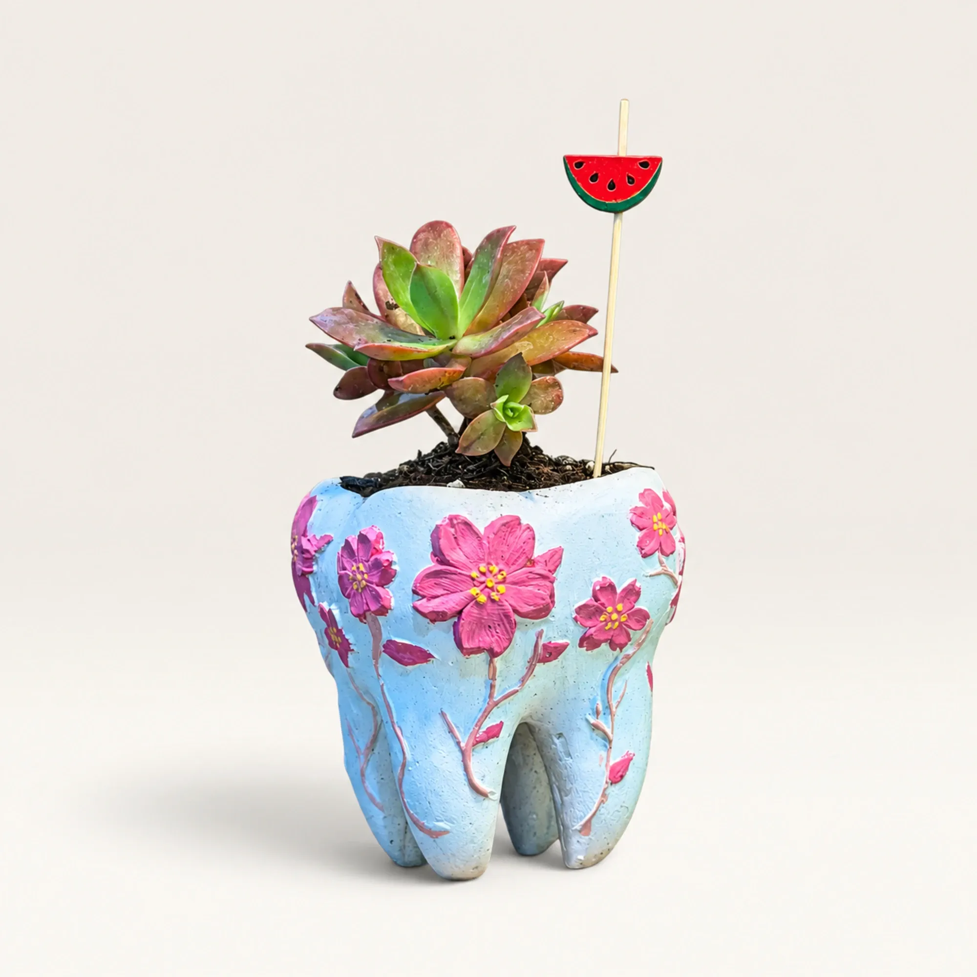 Handmade White Tooth with Pink Flowers Gypsum Planter 10–15 cm