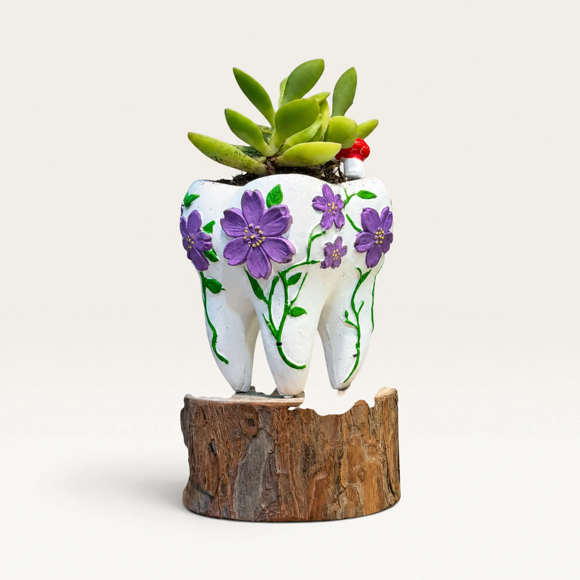 Handmade White Tooth with Purple Flowers Gypsum Planter 10–15 cm