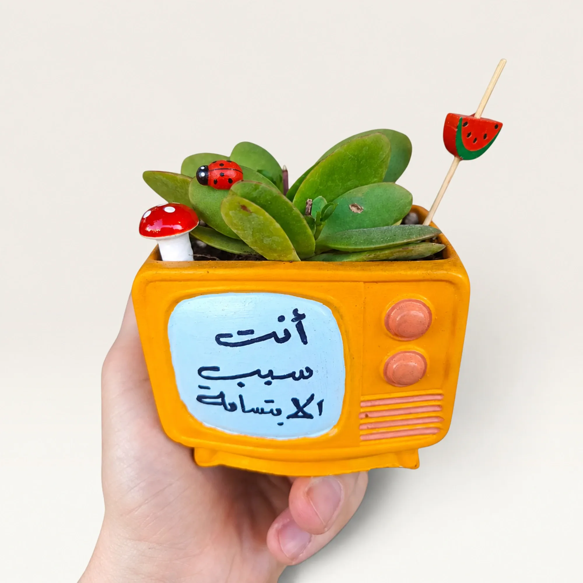 Handmade Yellow TV with Reason to Smile Quote Gypsum Planter 10–15 cm