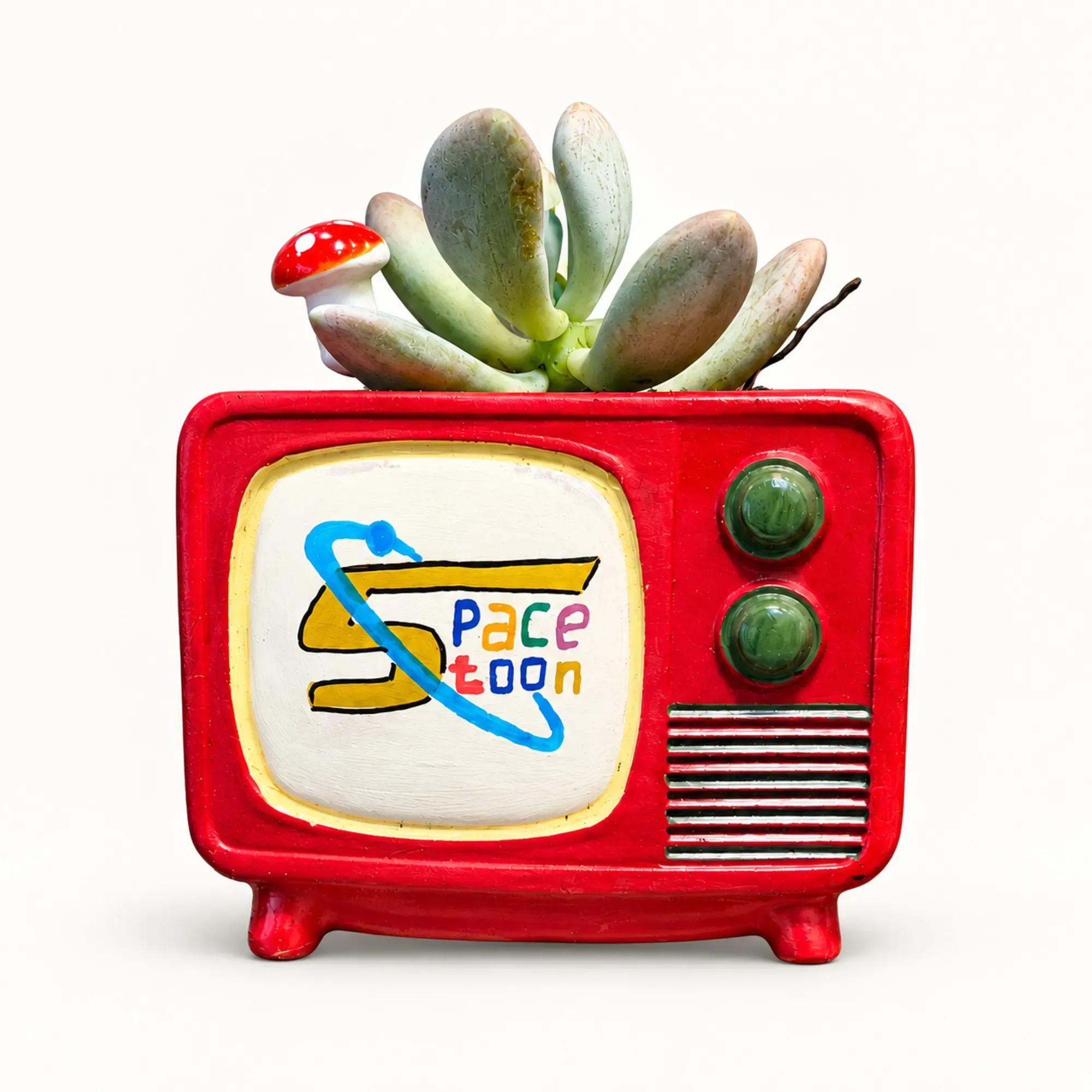 Handmade Red TV with Spacetoon Screen Gypsum Planter 10–15 cm