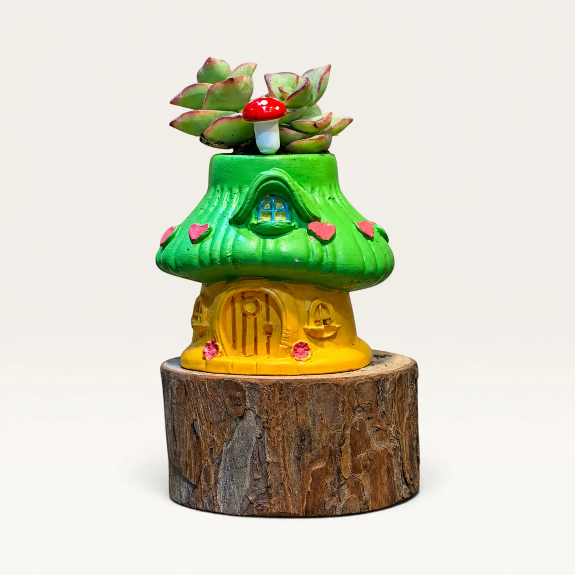 Handmade Green and Yellow Mushroom Cottage Gypsum Planter 10–15 cm