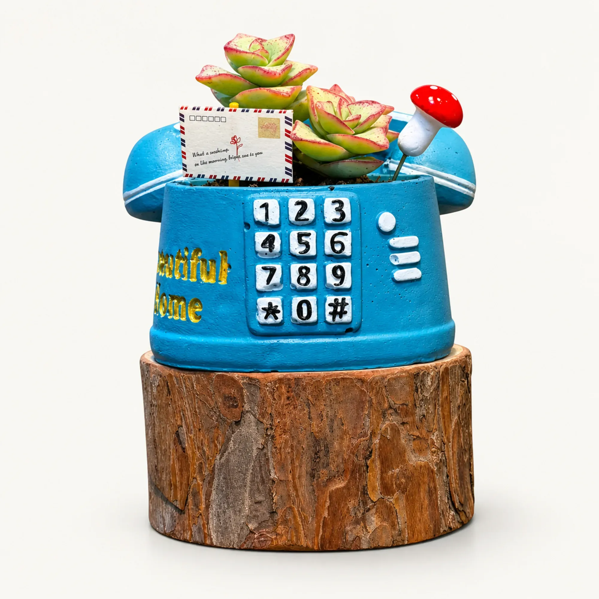 Handmade Blue Push-Button Telephone Gypsum Planter 10–15 cm