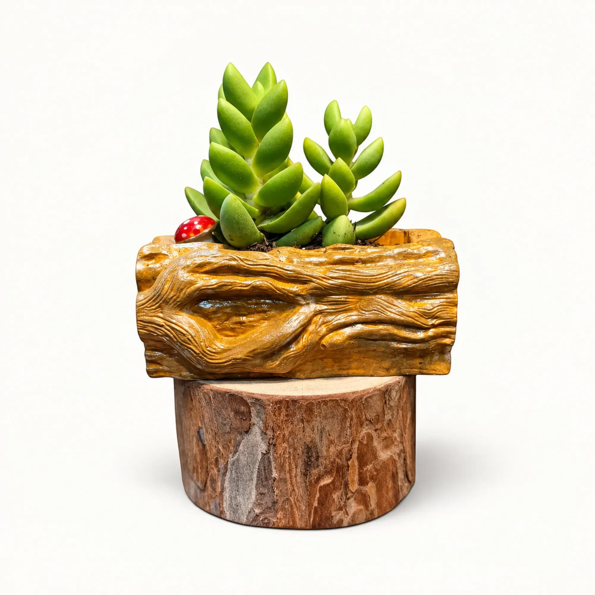 Handmade Natural Wood-Texture Log Gypsum Planter 10–15 cm