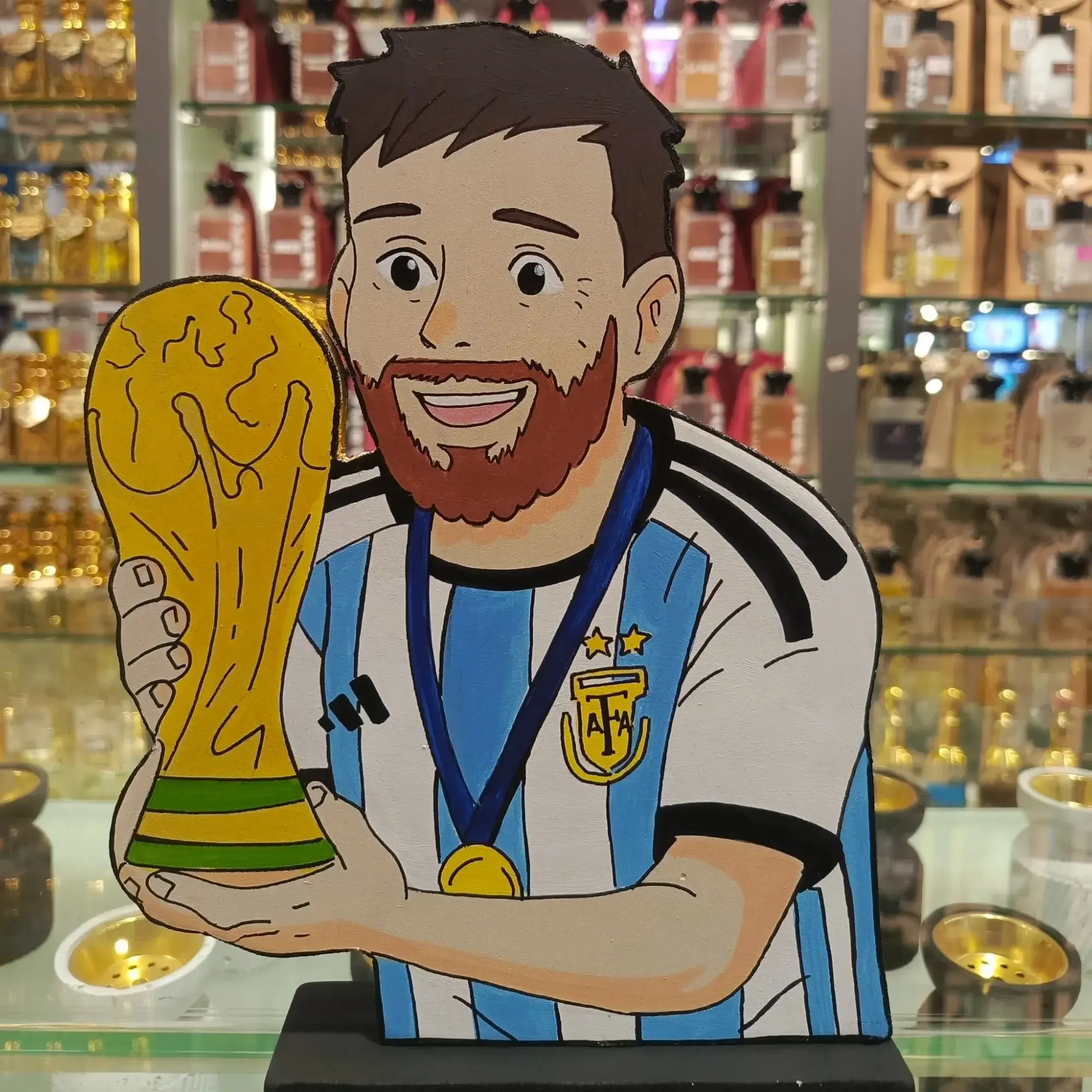 Handcrafted Messi World Cup Wooden Football 2D Figure 23x18 cm