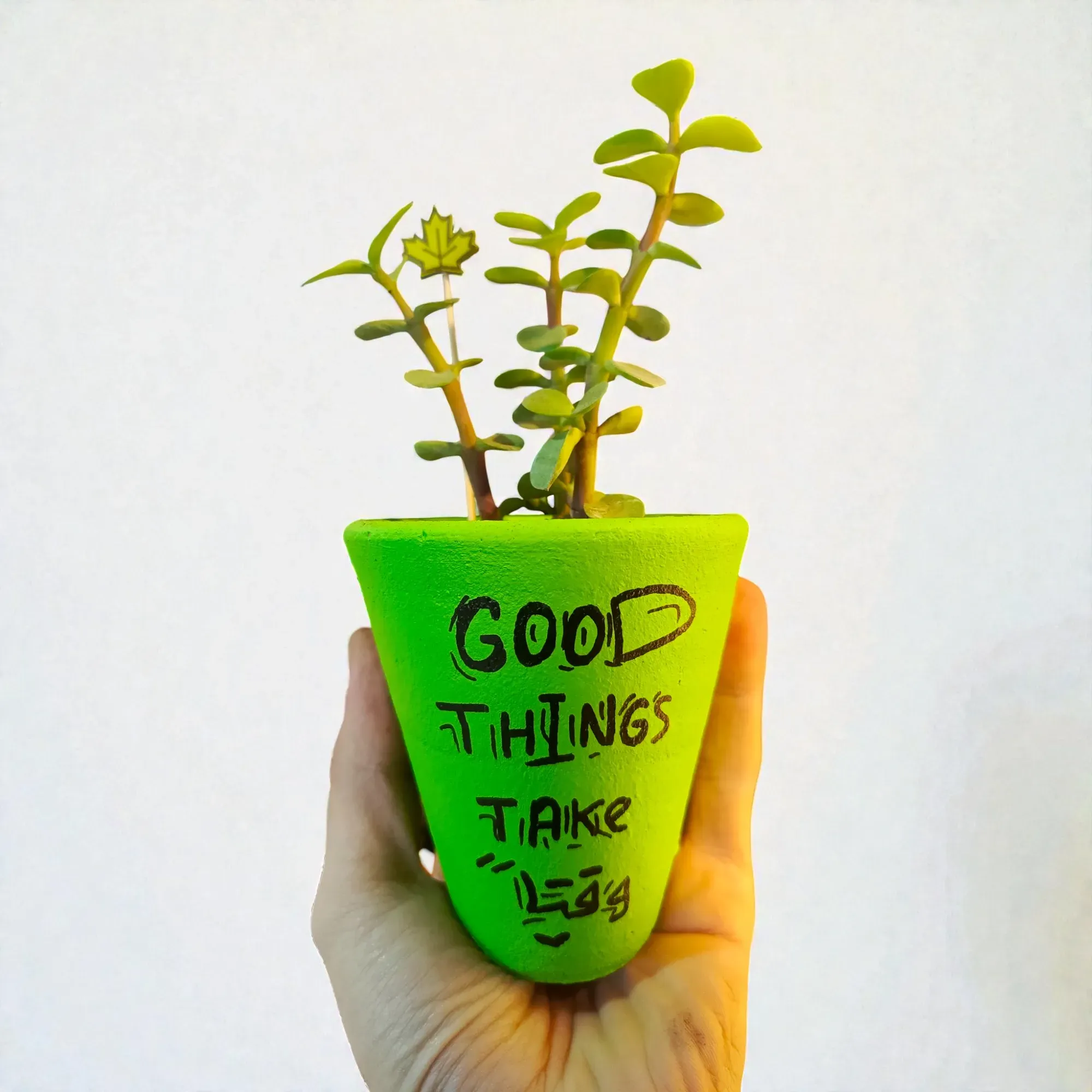Hand-Painted Green Clay Mini Planter with Cactus Seeds 15x5 cm