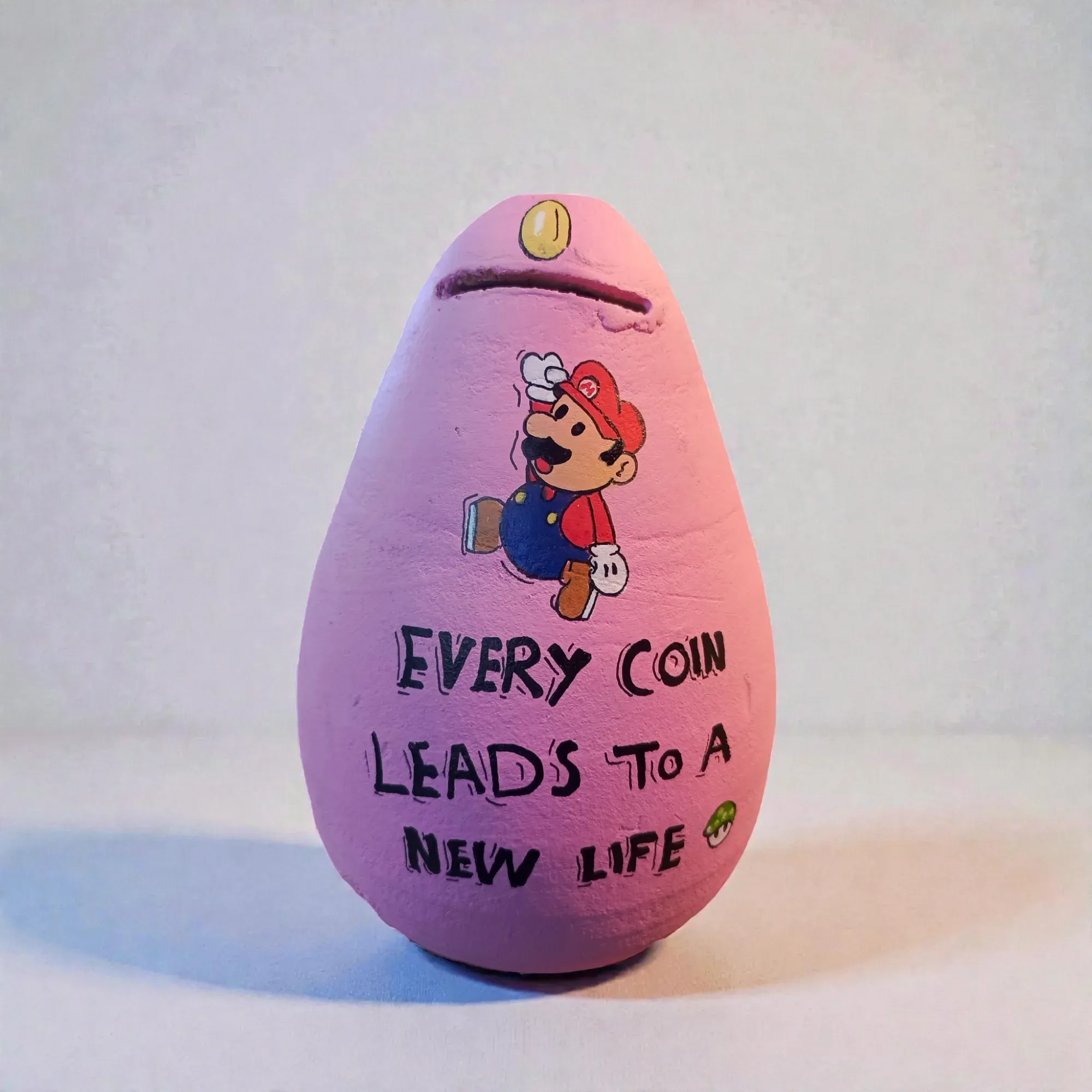 Hand-Painted Lavender Clay Piggy Bank with Illustrated Quote 17x12 cm