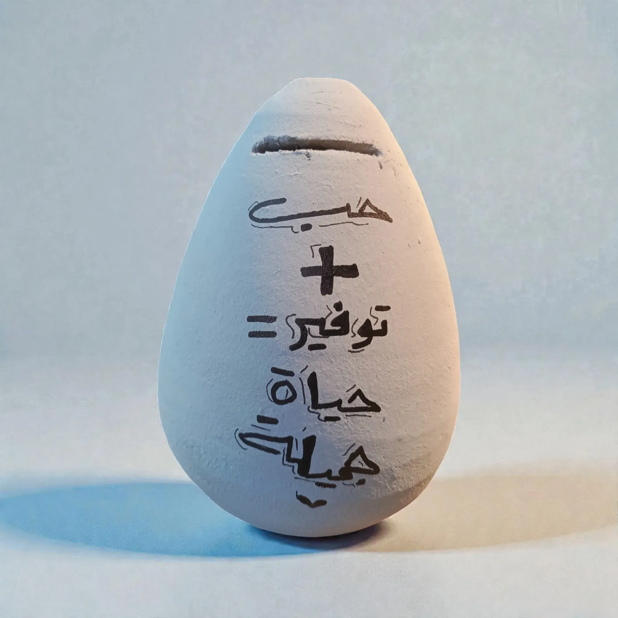 Hand-Painted Pale Gray Clay Piggy Bank with Life Quote 17x12 cm
