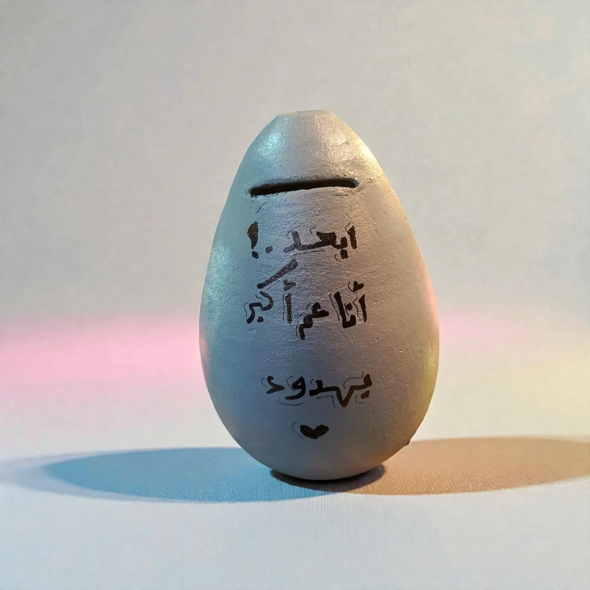 Hand-Painted Light Gray Clay Piggy Bank with Arabic Quote 17x12 cm