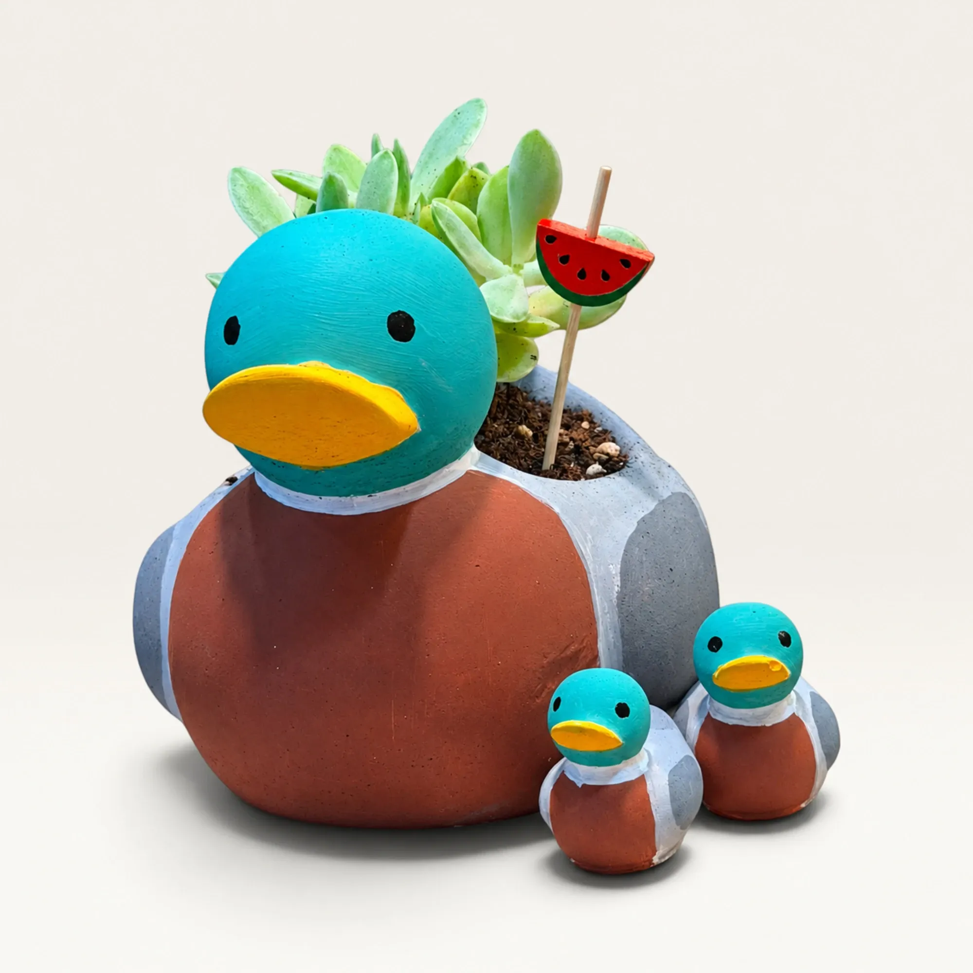 Handmade Teal and Brown Duck Family Gypsum Planter 10–15 cm