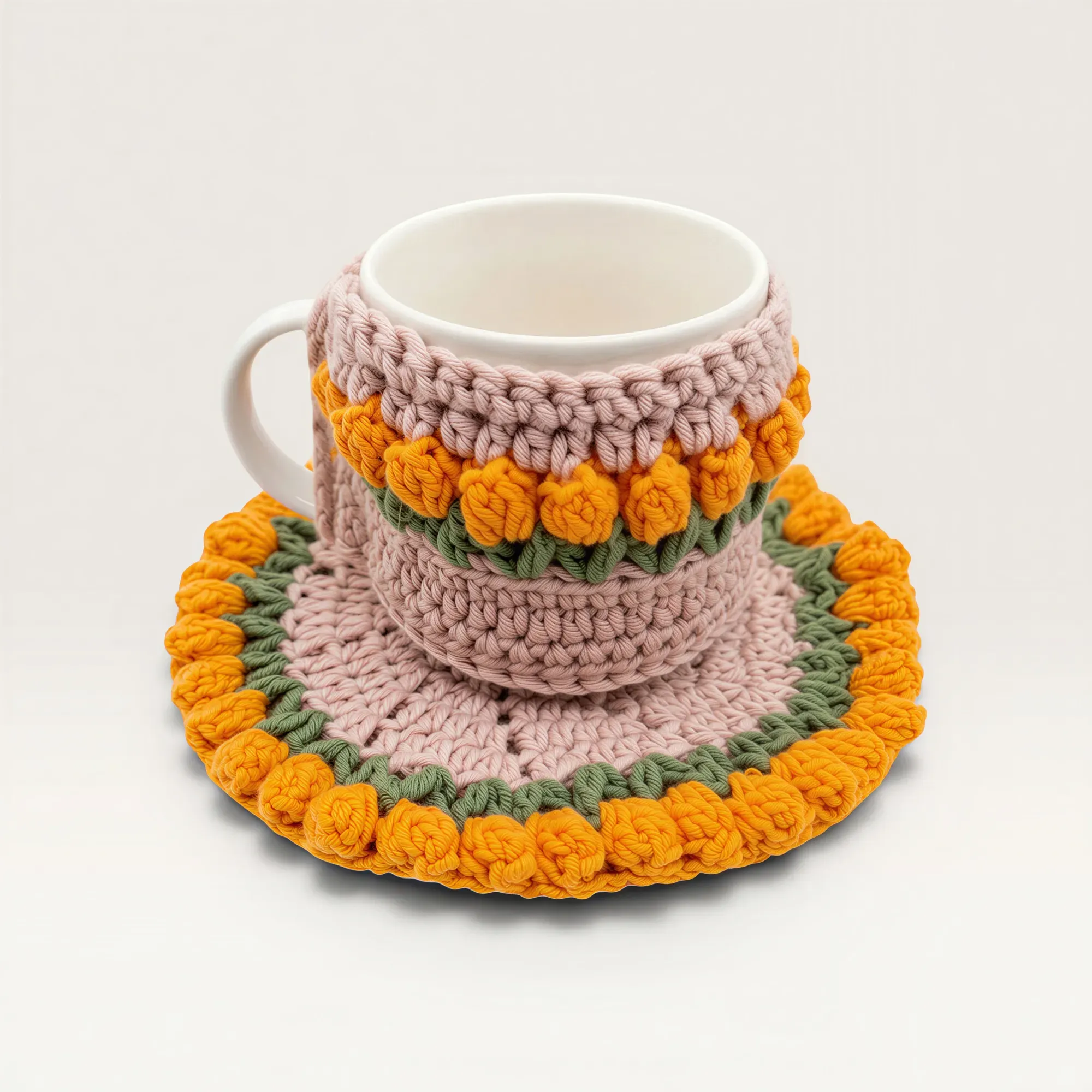 Handmade Cotton Crochet Yellow Tulip Mug Set with Coaster