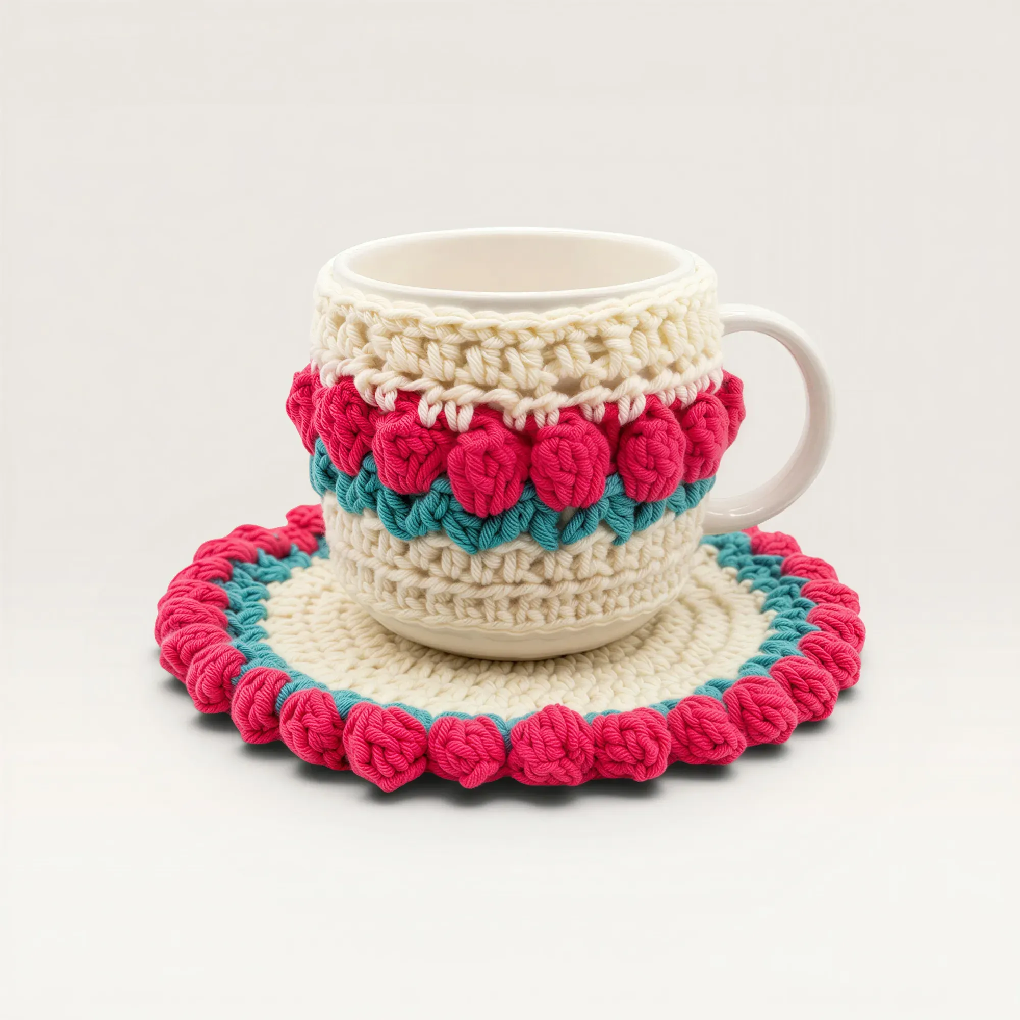 Handmade Cotton Crochet Pink Tulip Mug Set with Coaster