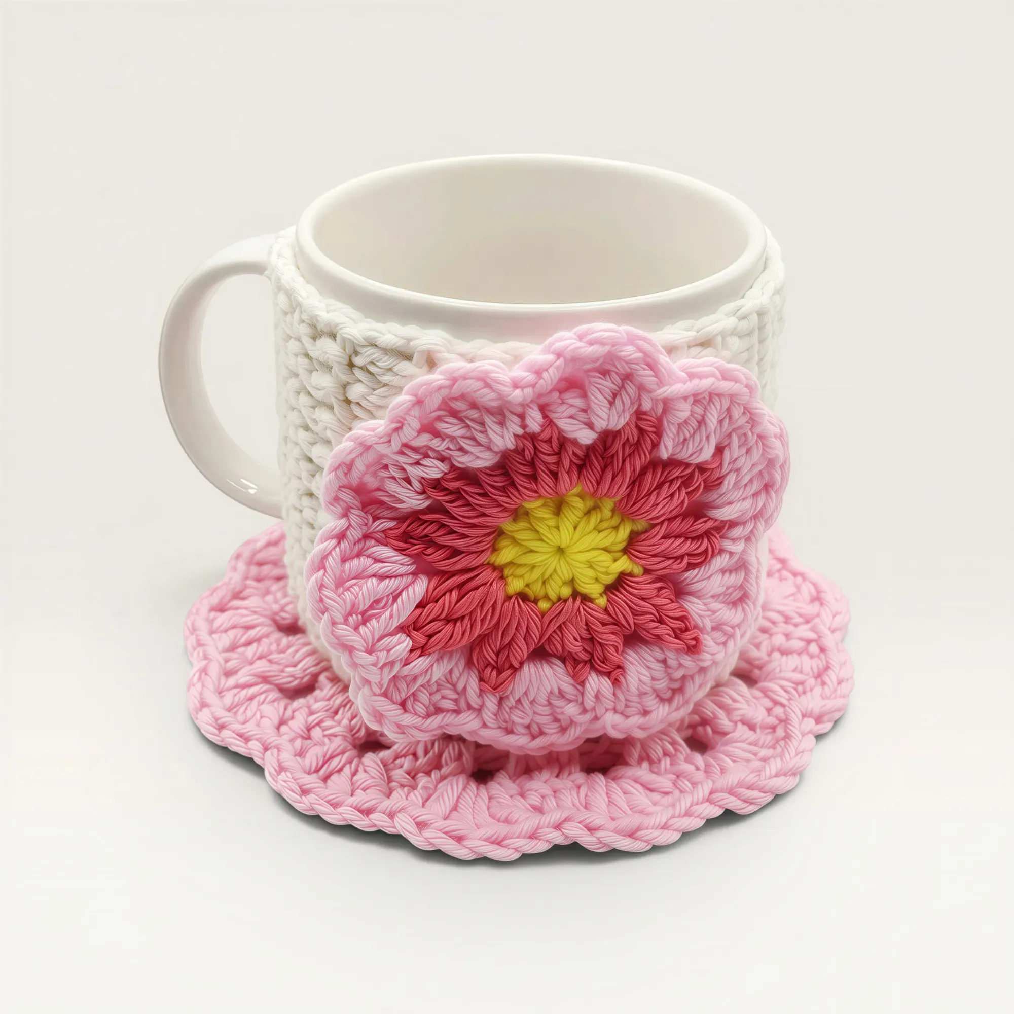 Handmade Cotton Crochet Pink Daisy Mug Set with Coaster