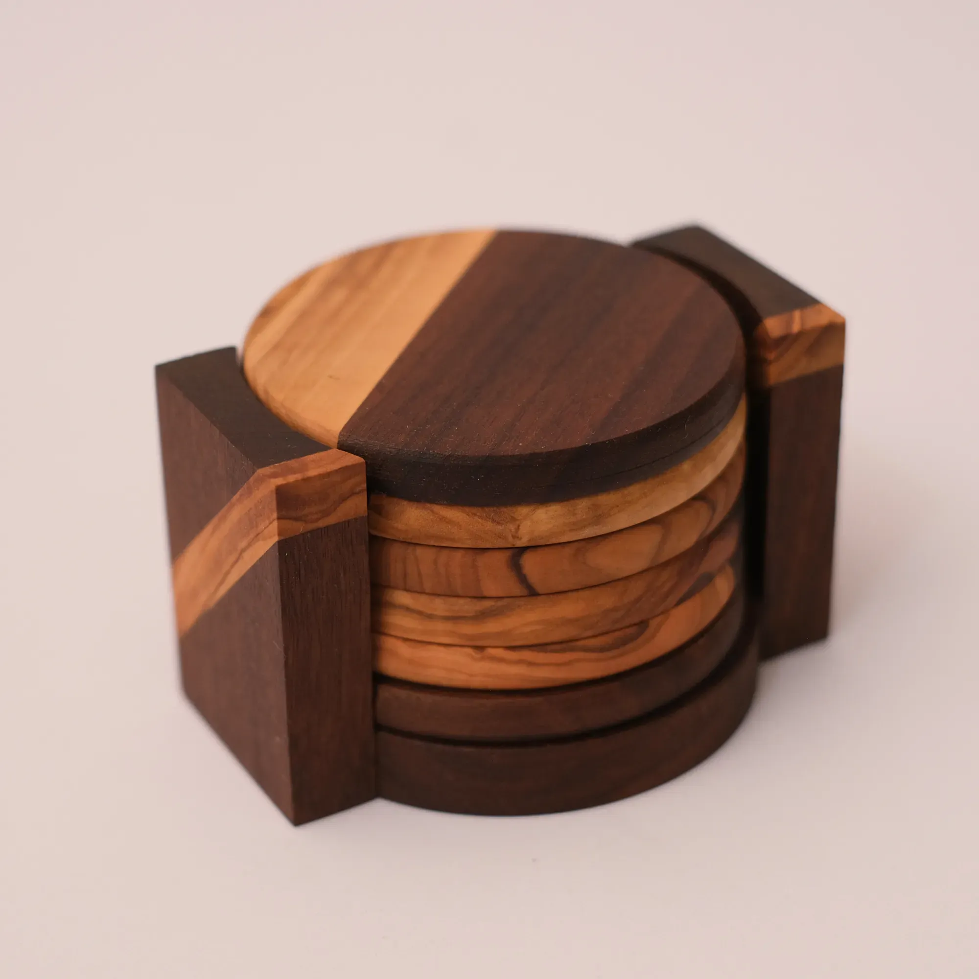 Walnut and Olive Wood Coaster Set with Holder 6 Pieces