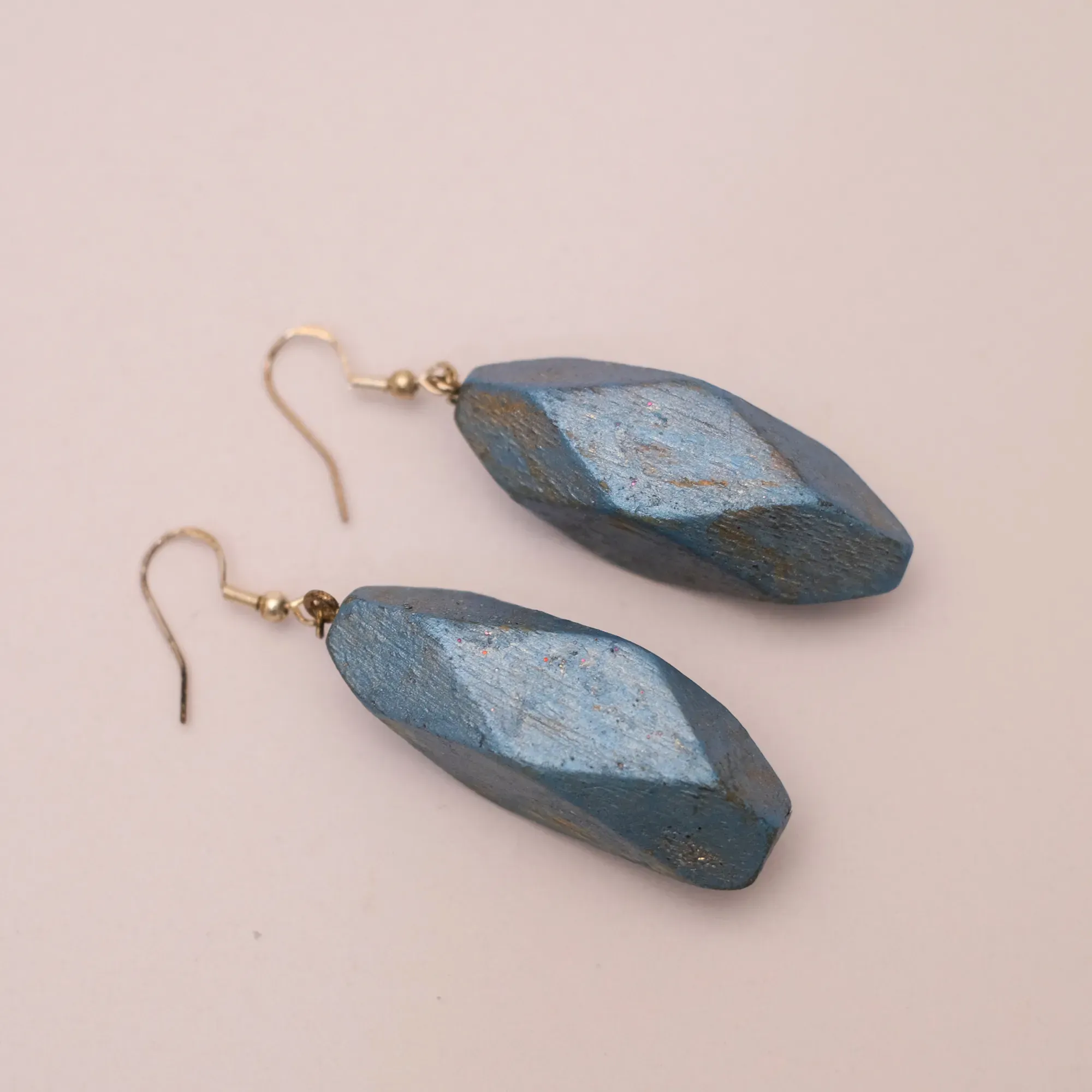 Blue Teardrop Kamalika Wood Earrings with Faceted Detail