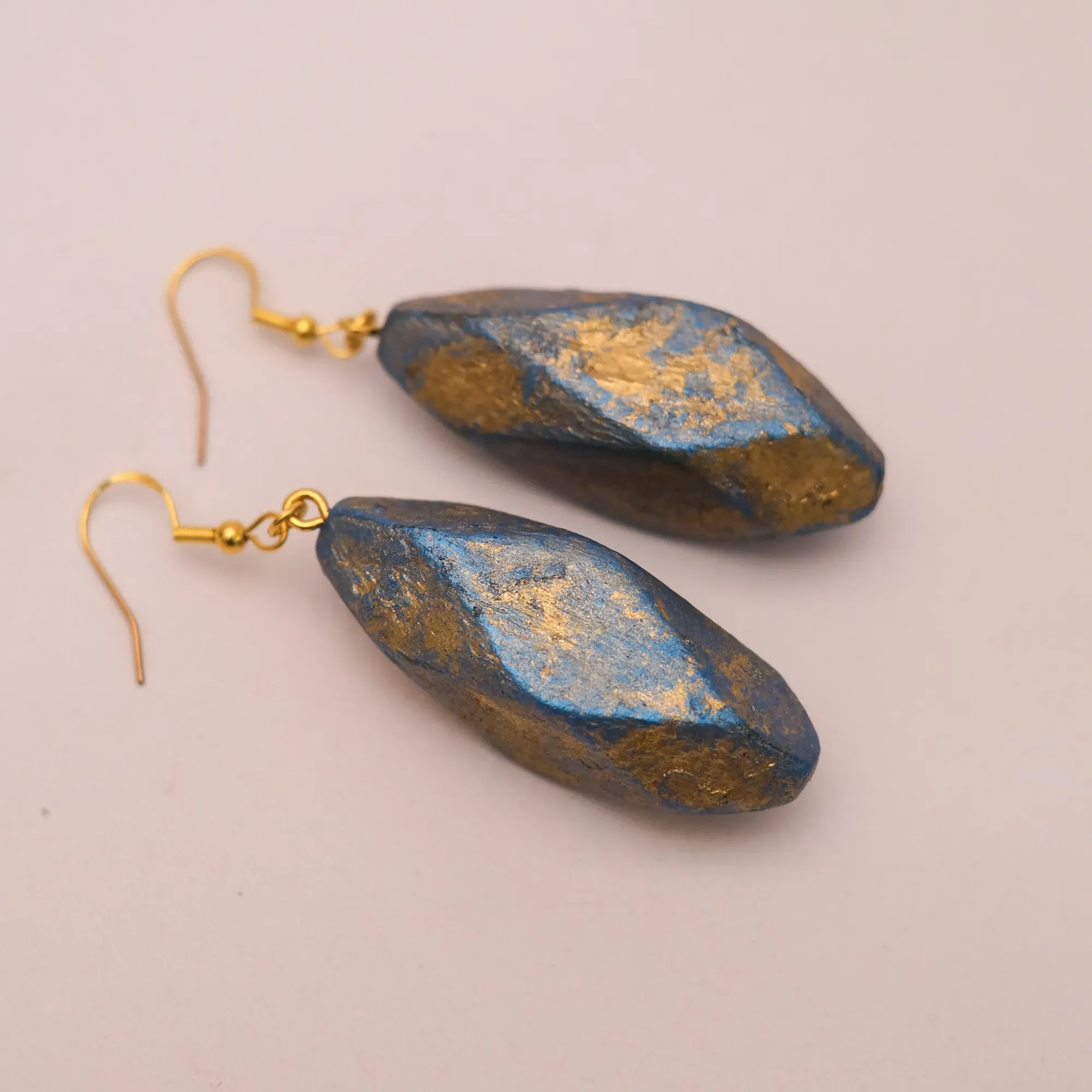 Blue Gold Leaf Kamalika Wood Earrings with Marbled Detail