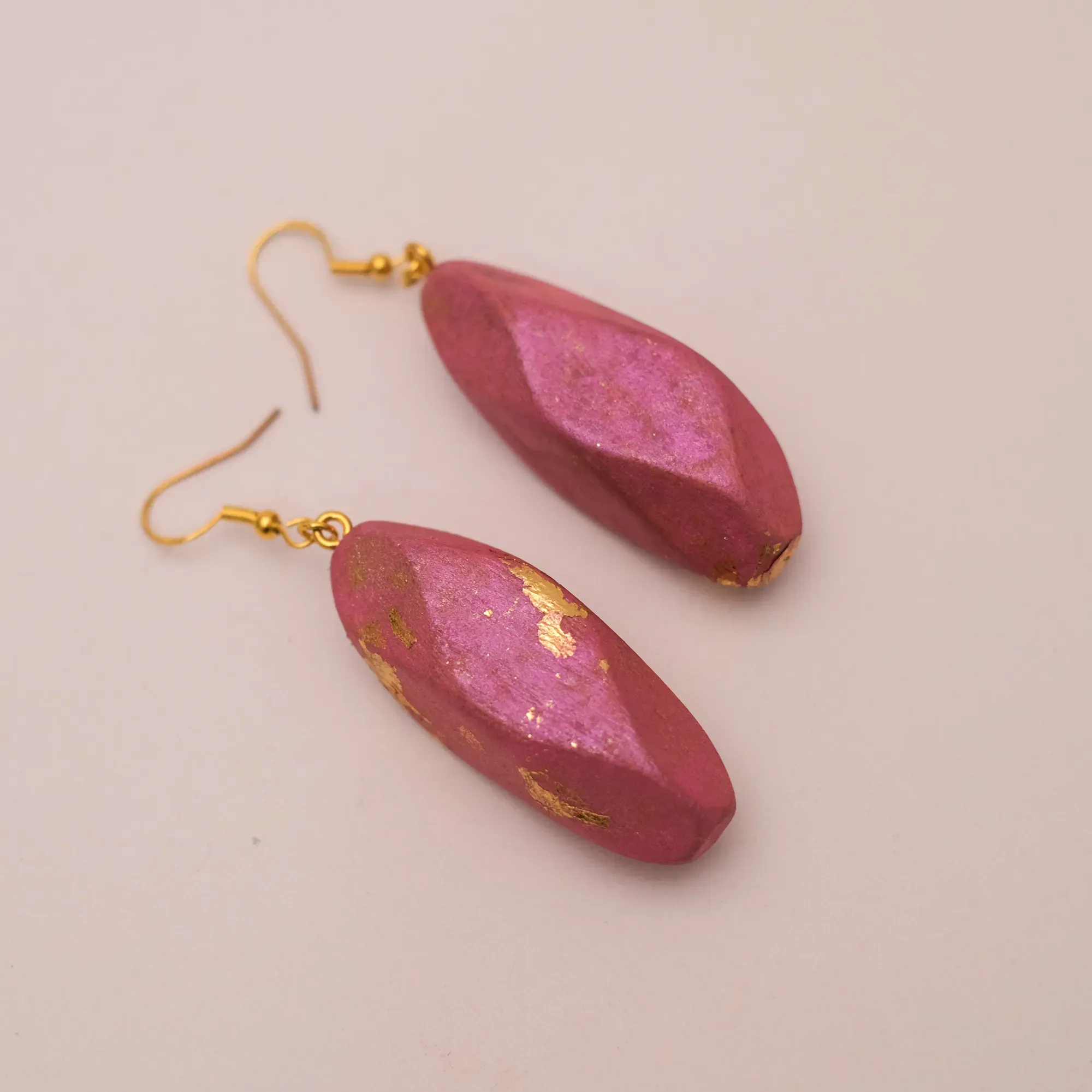 Pink Leaf Kamalika Wood Earrings with Gold Accent