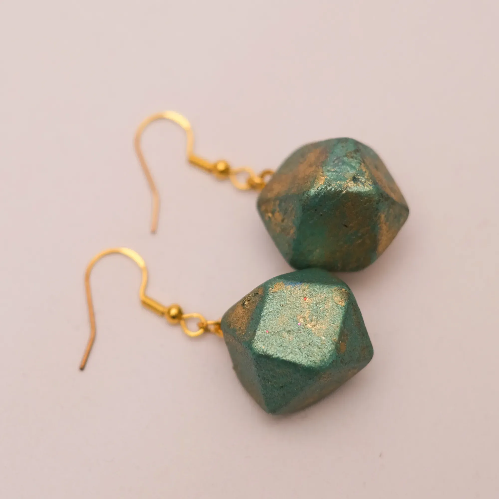 Green Faceted Kamalika Wood Earrings with Gold Hook