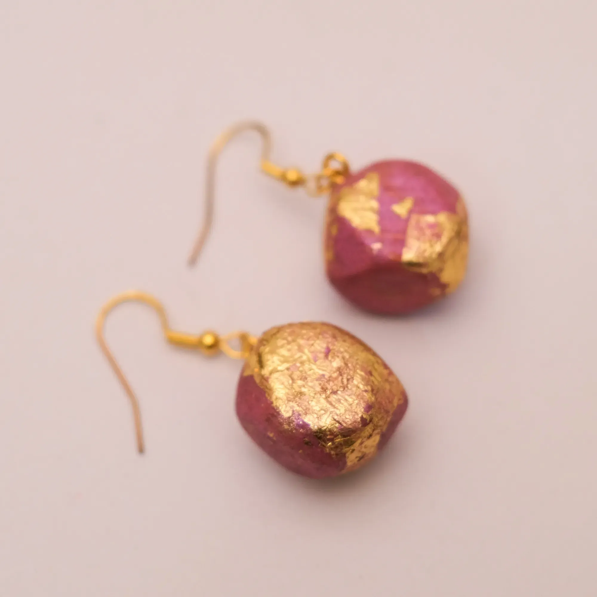 Pink Round Kamalika Wood Earrings with Gold Leaf Detail