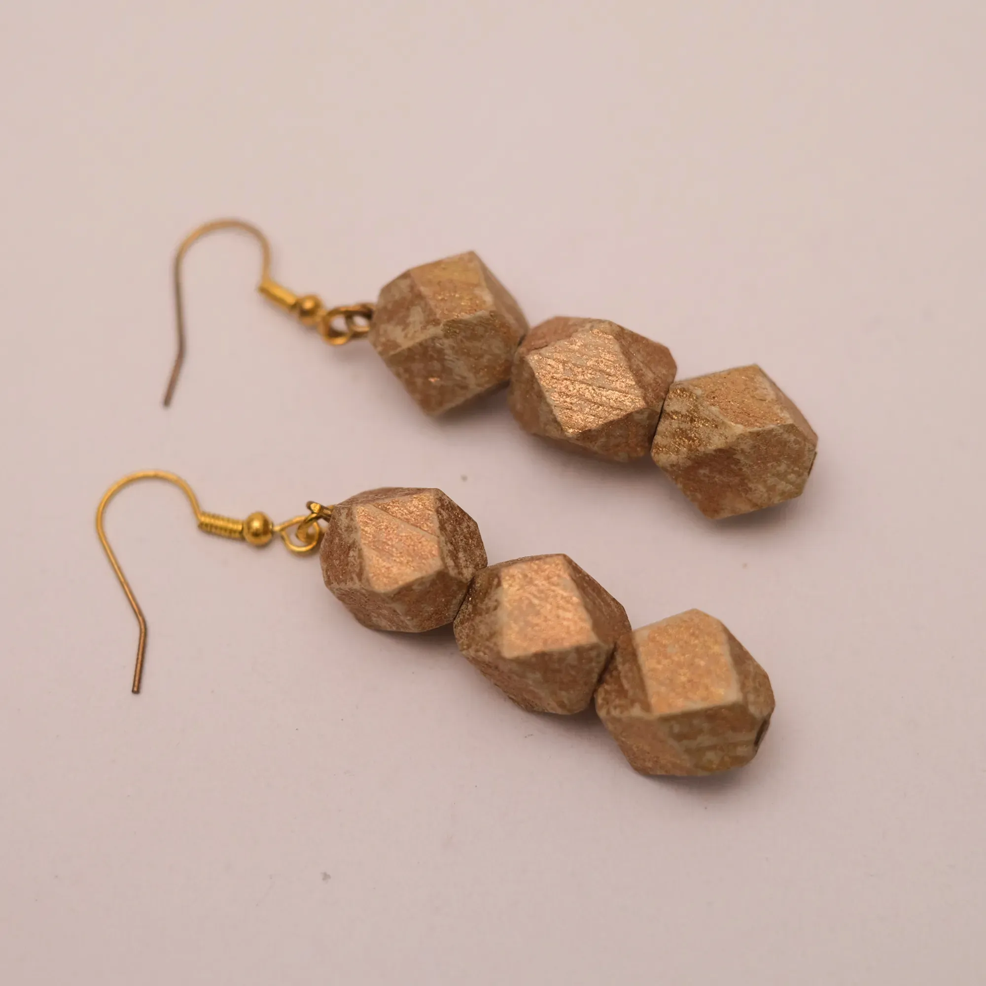 Brown Geometric Kamalika Wood Earrings with Triple Beads