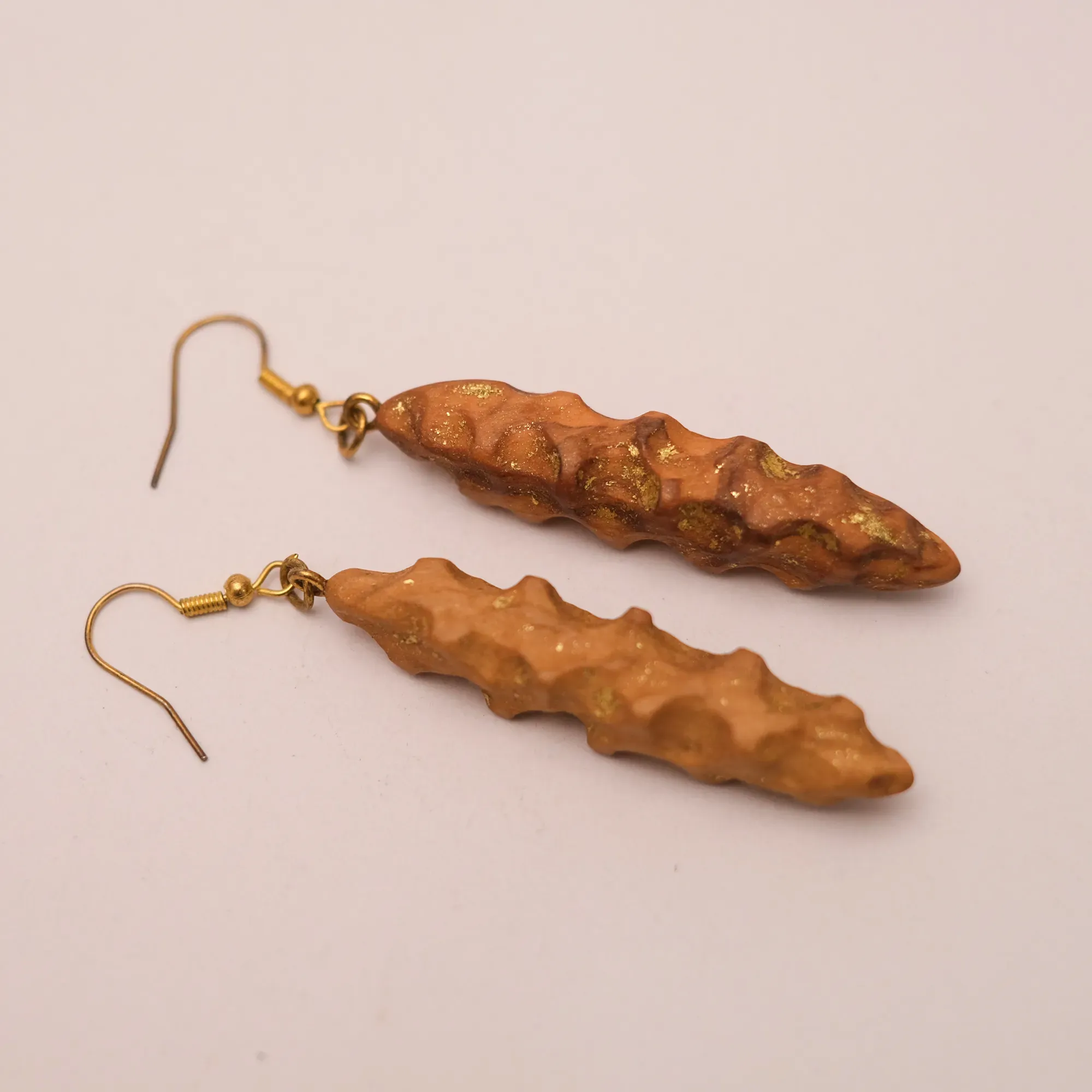 Mahras Olive Wood Carved Bar Earrings with Textured Grain