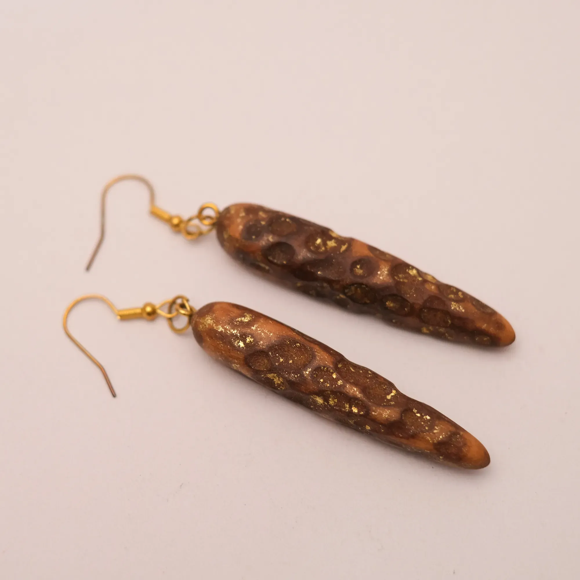 Mahras Olive Wood Dark Bar Earrings with Carved Texture
