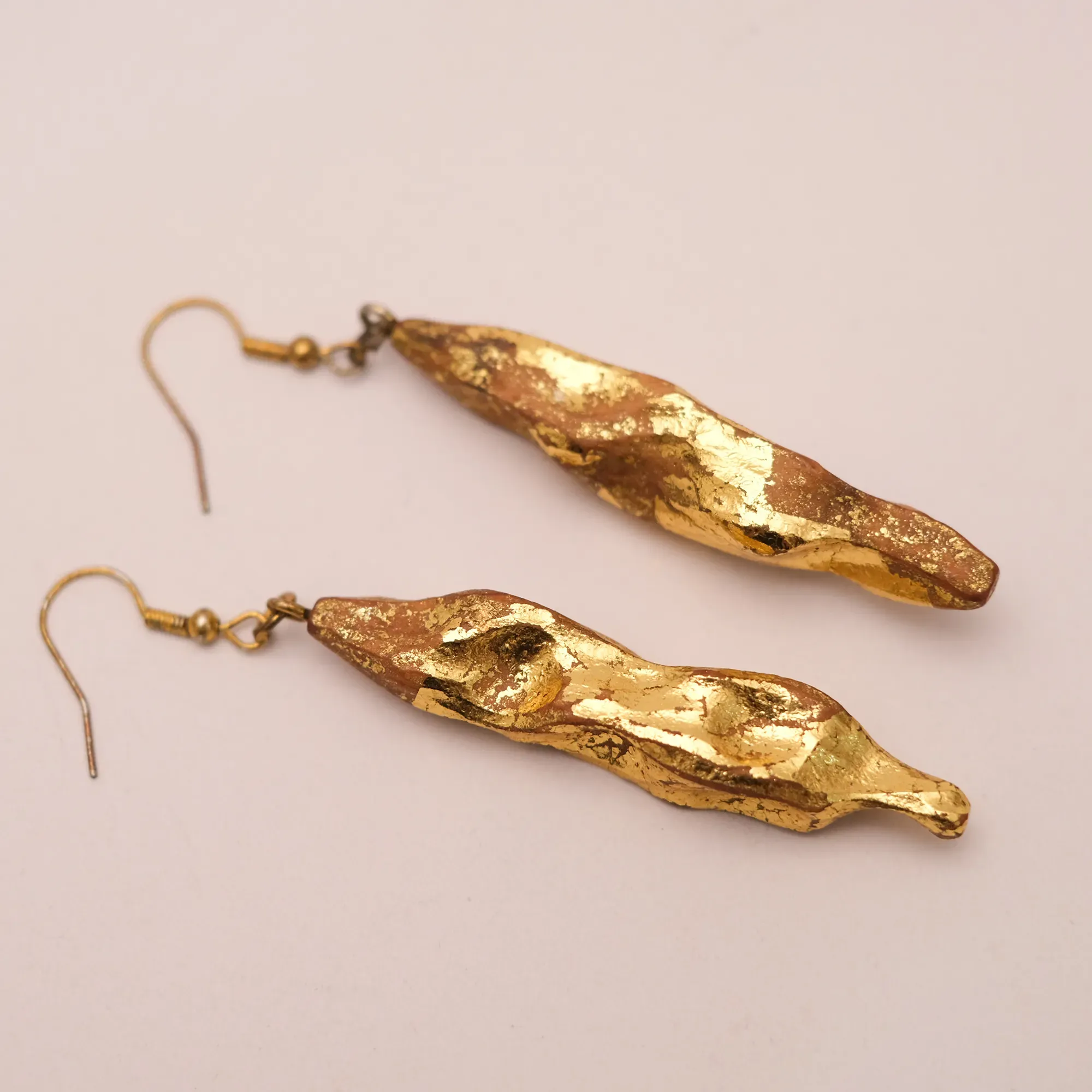 Mahras Olive Wood Long Earrings with Gold Leaf Detail