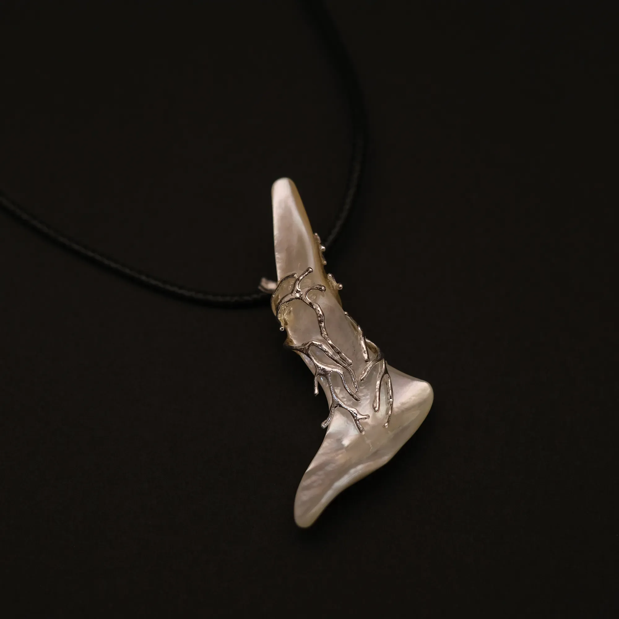 Hand-Carved Wing Mother-of-Pearl Pendant Necklace on Cord 43 cm