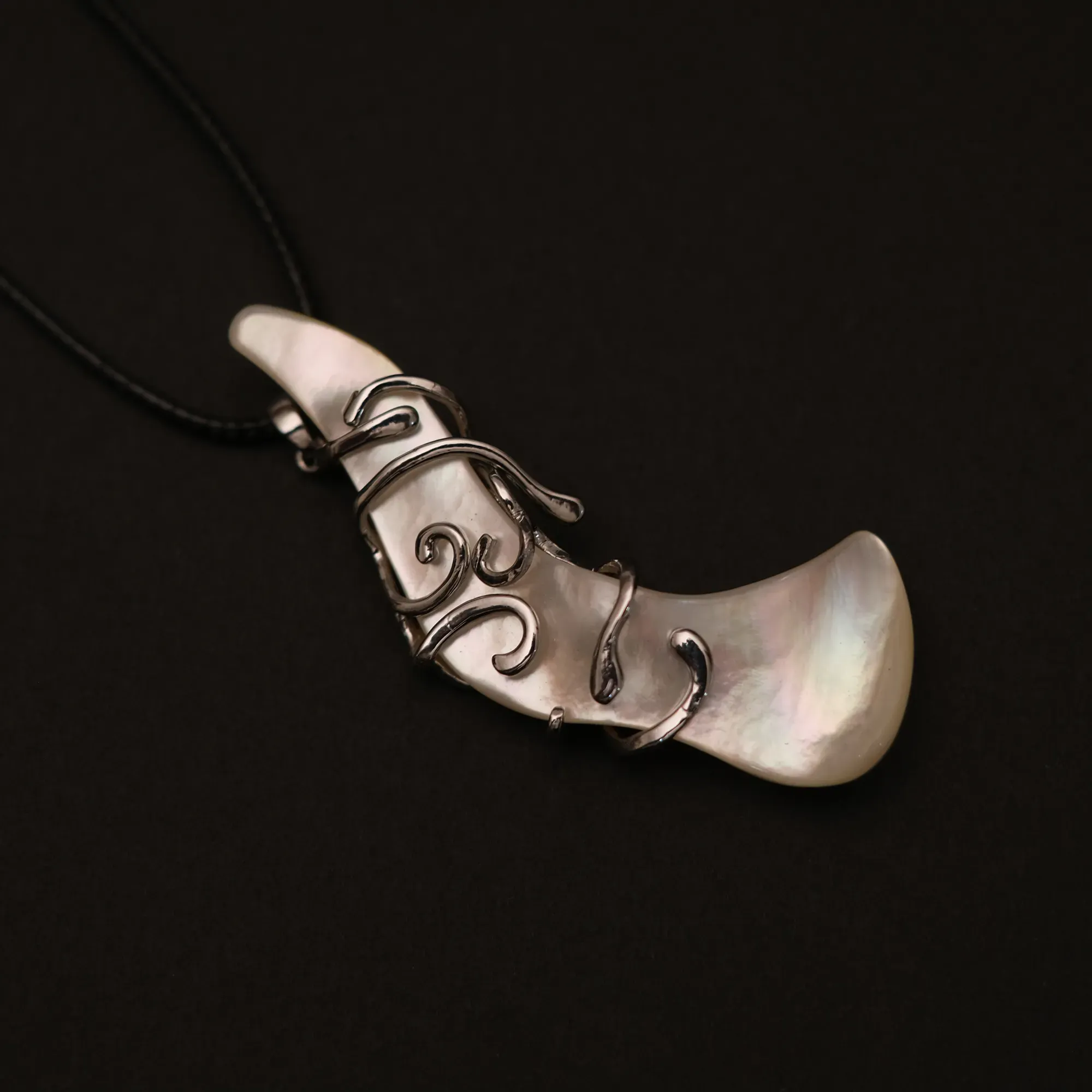 Hand-Carved Crescent Mother-of-Pearl Pendant Necklace on Cord 43 cm