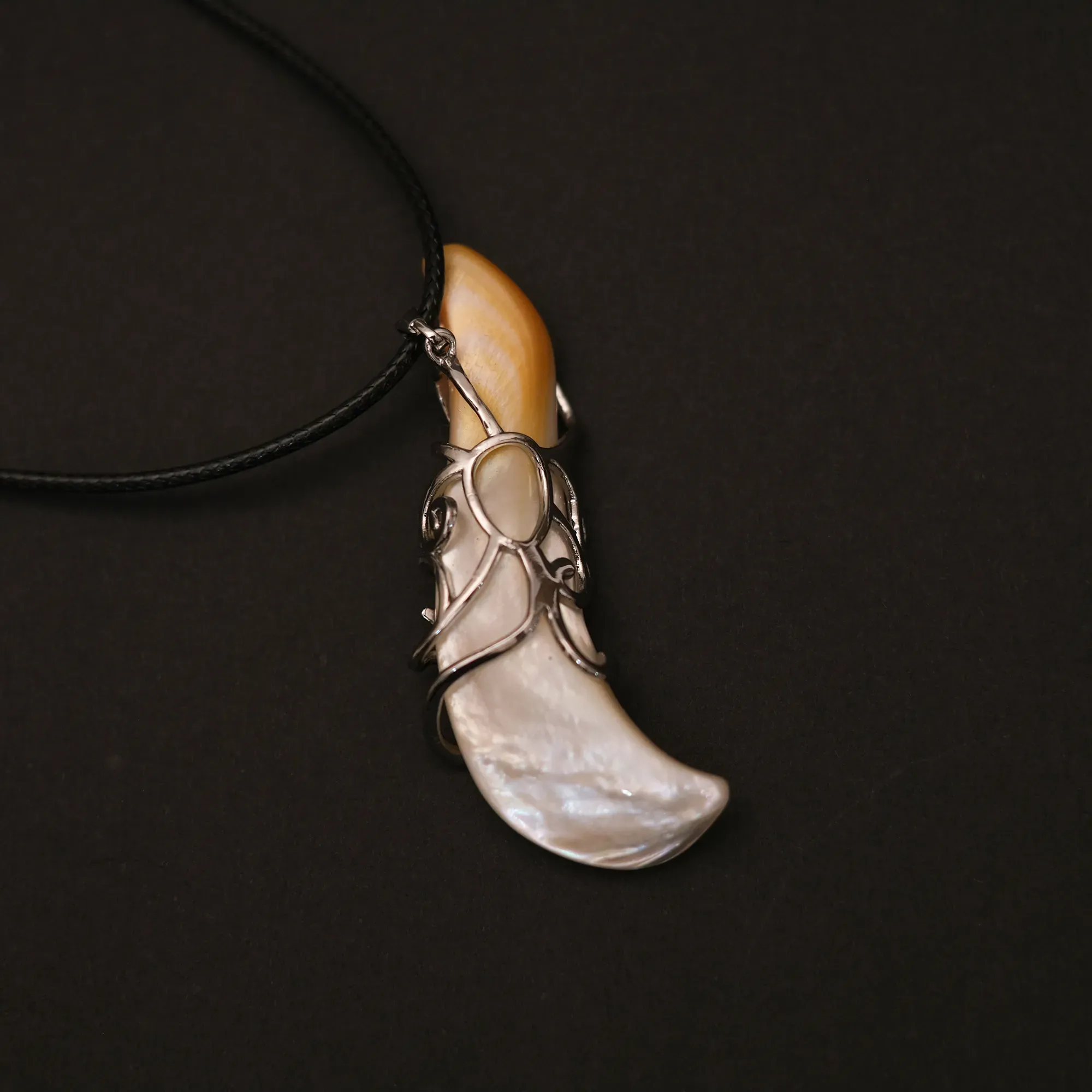 Hand-Carved Curved Mother-of-Pearl Pendant Necklace on Cord 43 cm