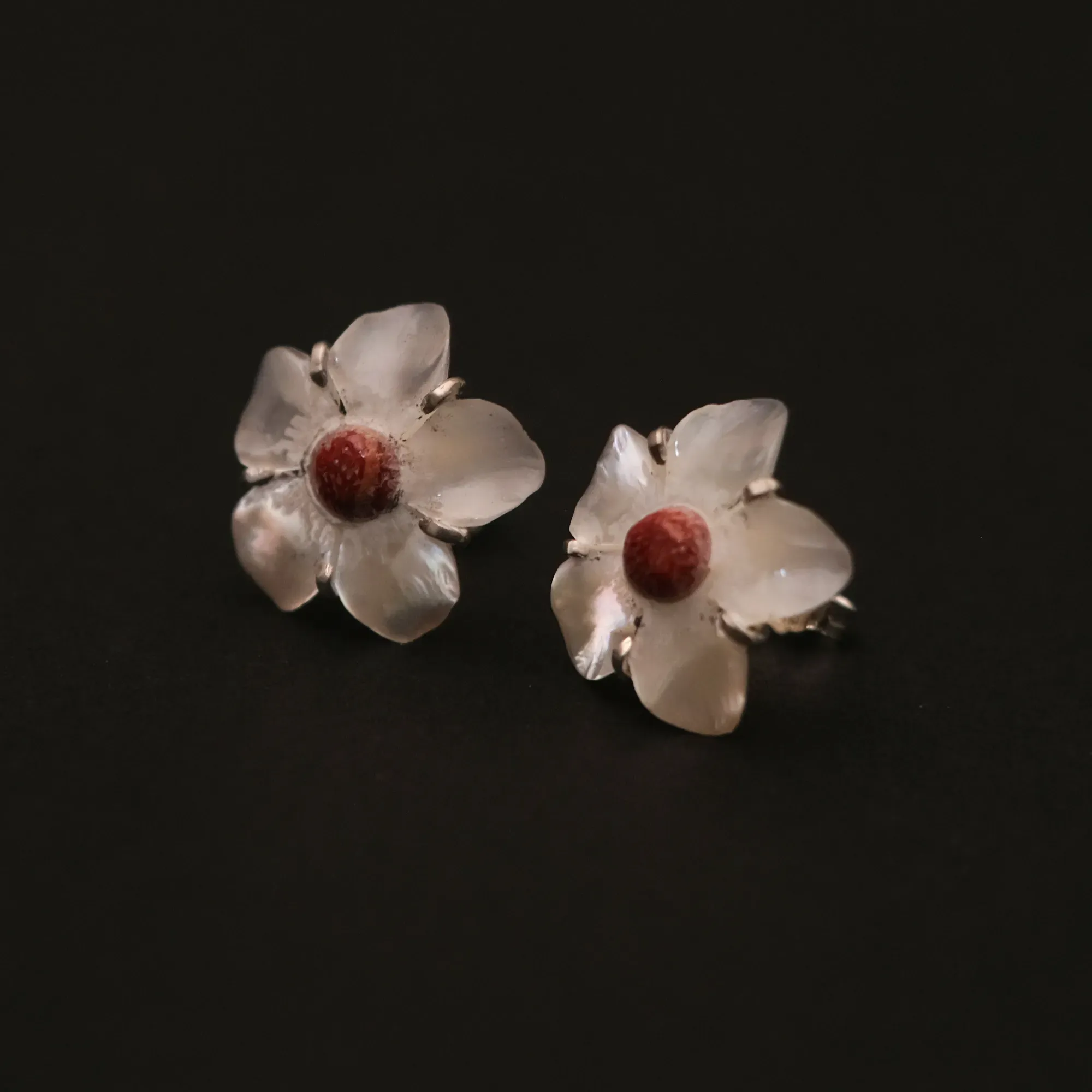 Red Cherry Blossom Earrings in Mother-of-Pearl Coral and Silver