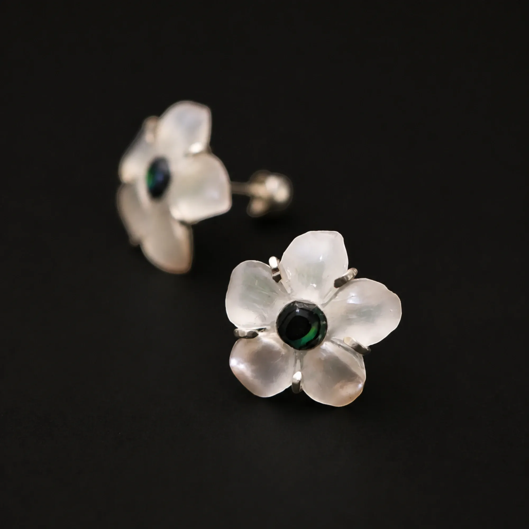 Green Cherry Blossom Mother-of-Pearl Abalone Silver Earrings