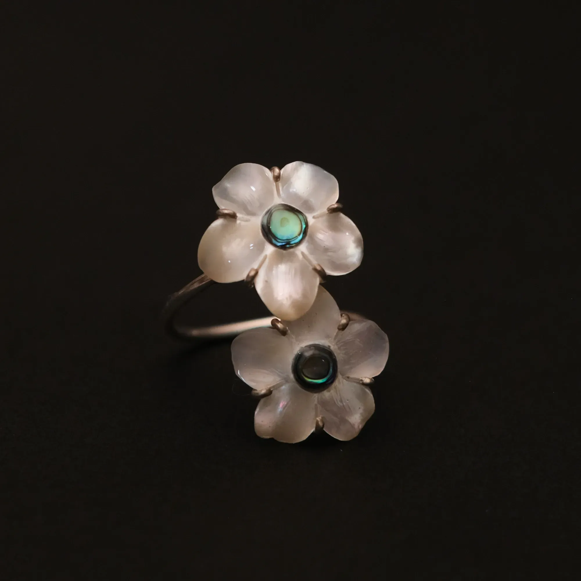 Green Cherry Blossom Double Flower Silver Ring Free Size