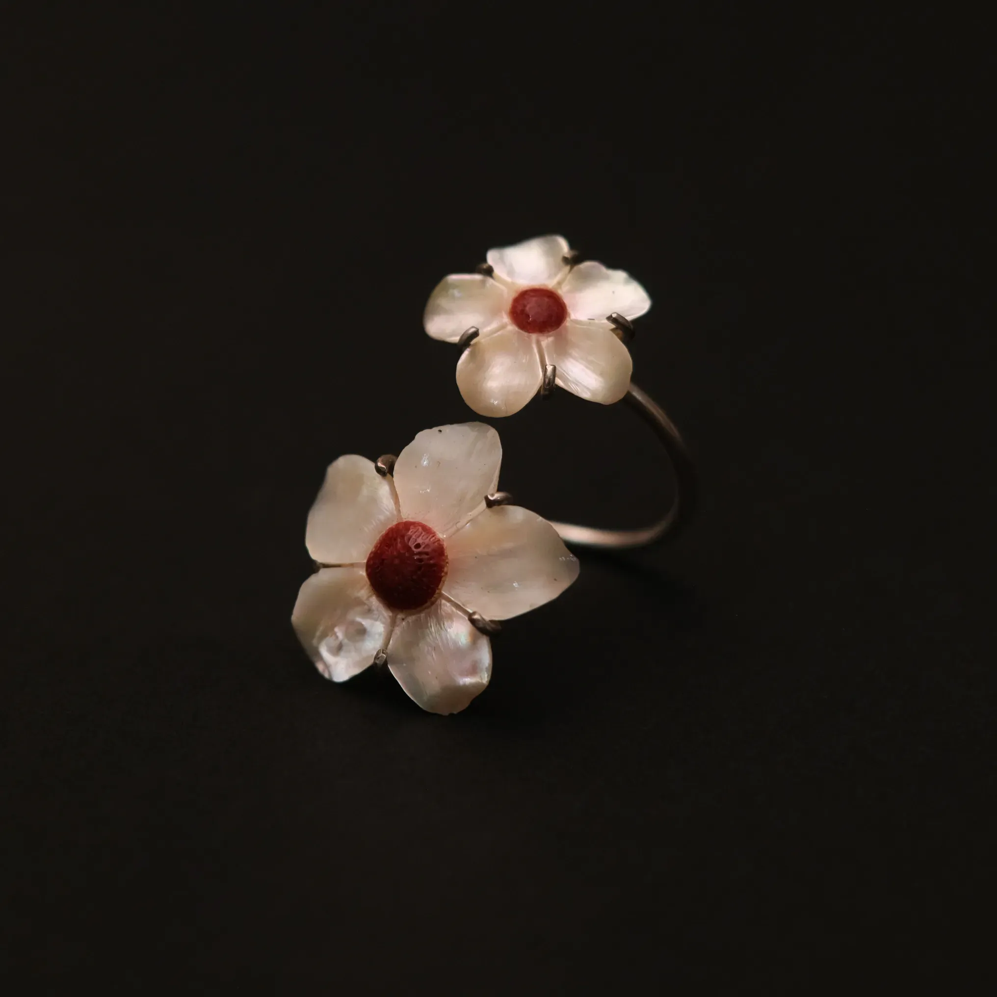 Red Cherry Blossom Double Flower Silver Ring Free Size
